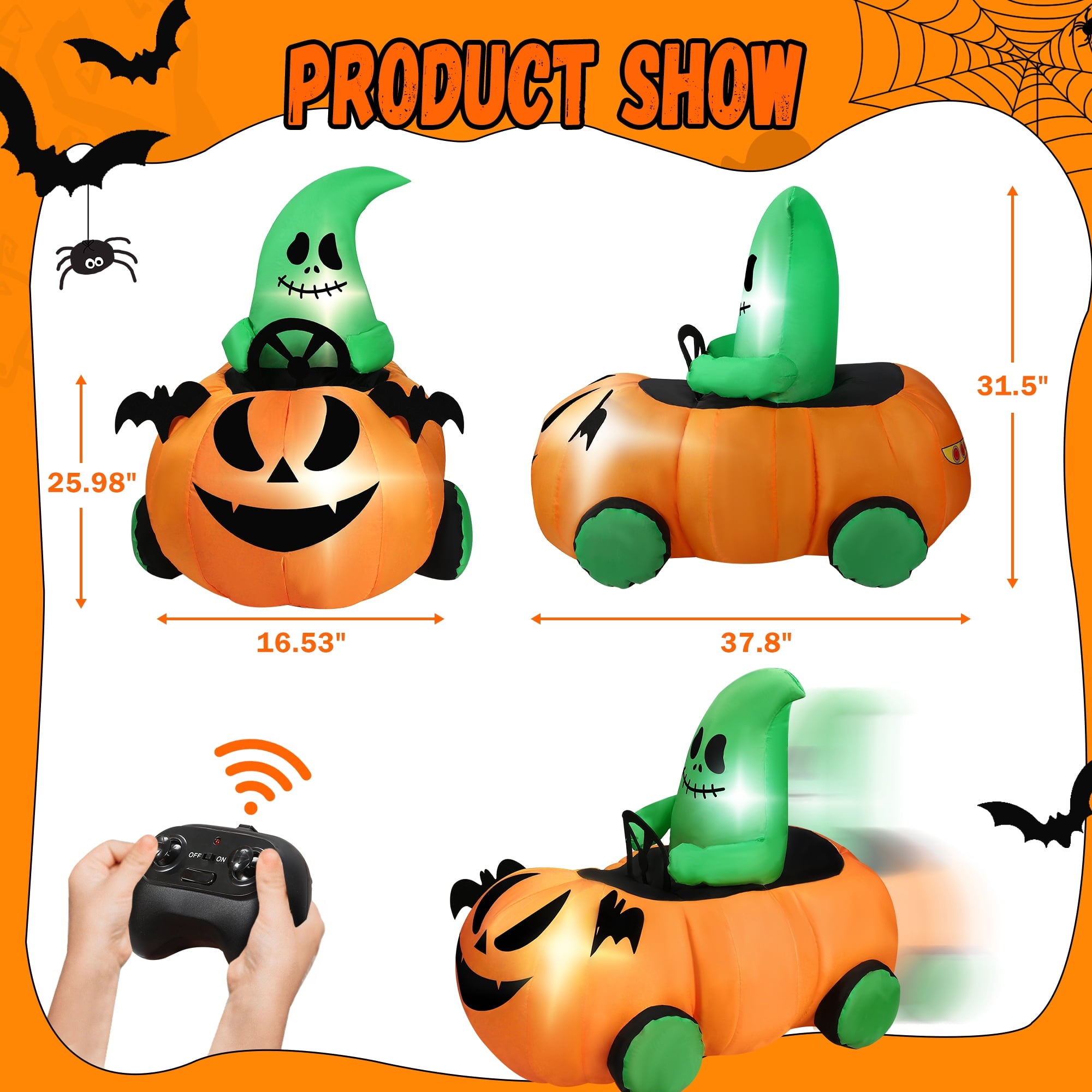 Firstness 2.6ft Remote Control Halloween Inflatable with Music Lights,Pumpkin Spider Car Blow ups Rc Car,Indoor Outdoor Decorations