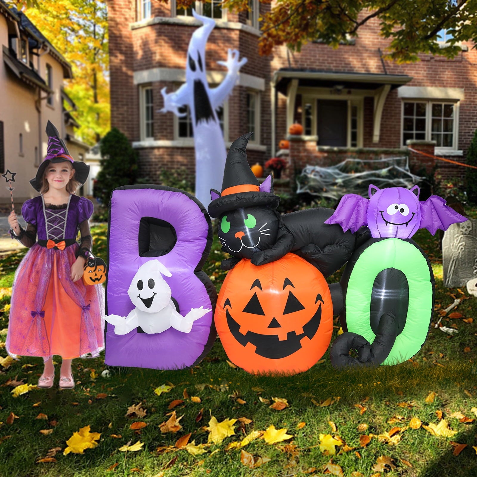 MUMTOP 6 FT Long Halloween Inflatables Outdoor Decorations, Pumpkin Inflatable with Lighted Ghost, Black Cat and Bat, Blow Up Decoration for Halloween Party, Yard, Garden, Lawn