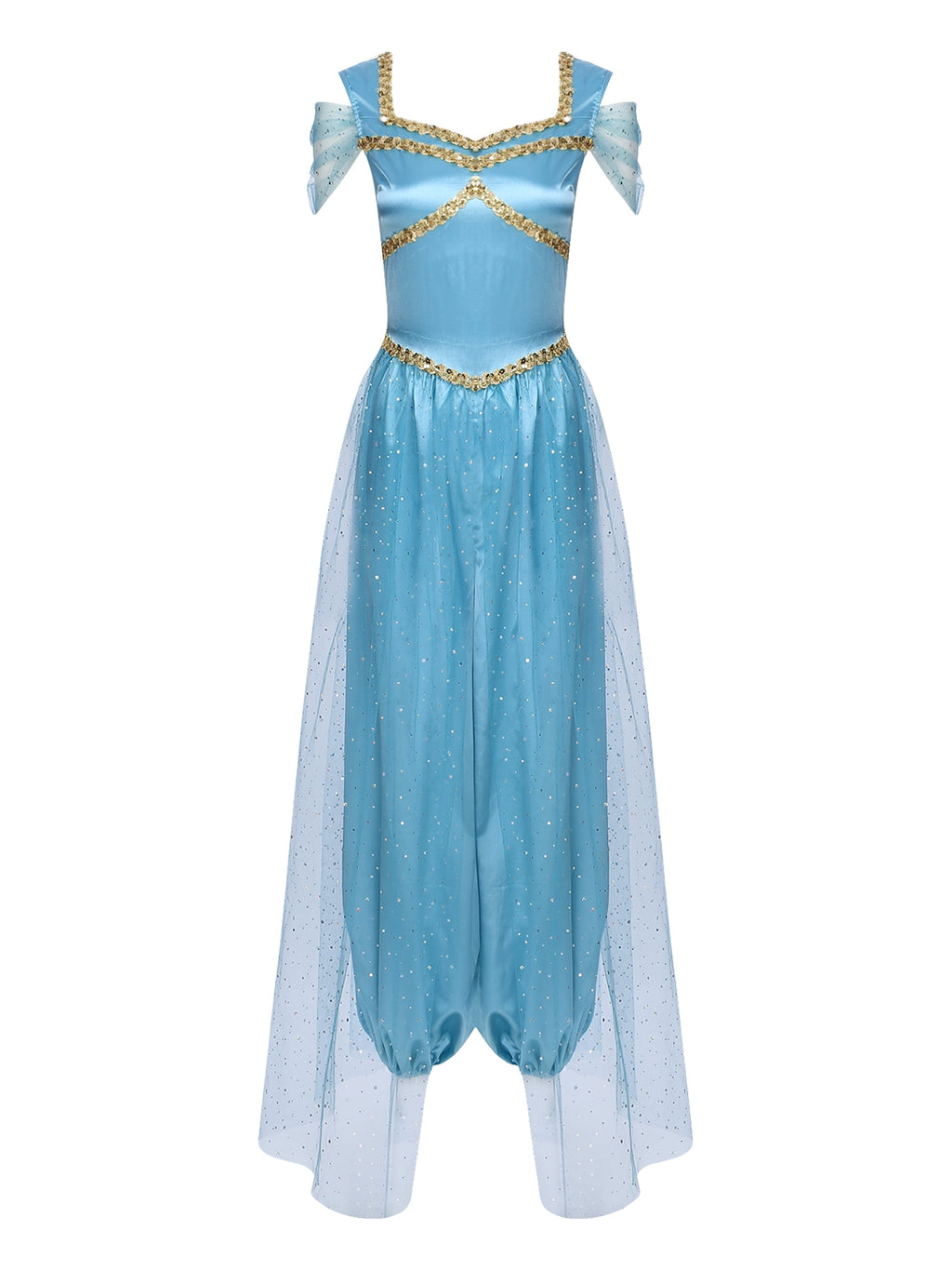 Aislor Women Halloween Arabian Princess Cosplay Costume Sequins Belly Dance Romper Jumpsuit Fancy Dress Lake Blue L