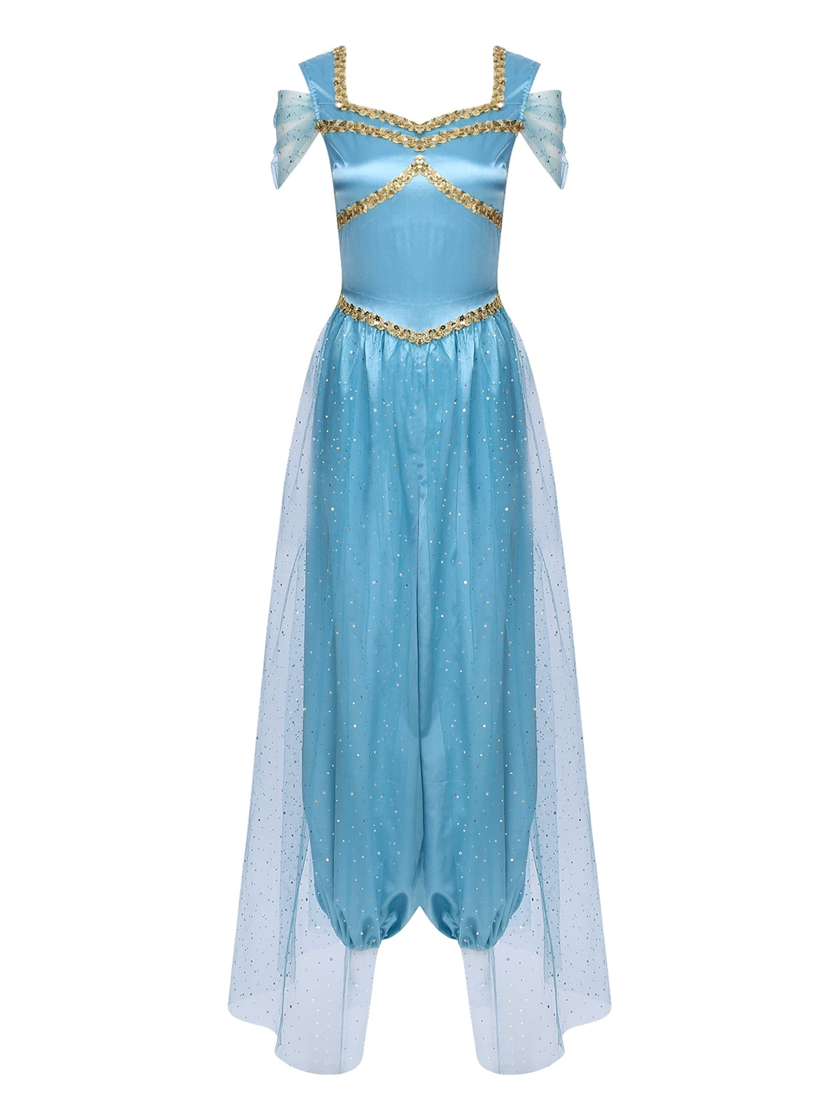Aislor Women Halloween Arabian Princess Cosplay Costume Sequins Belly Dance Romper Jumpsuit Fancy Dress Lake Blue L