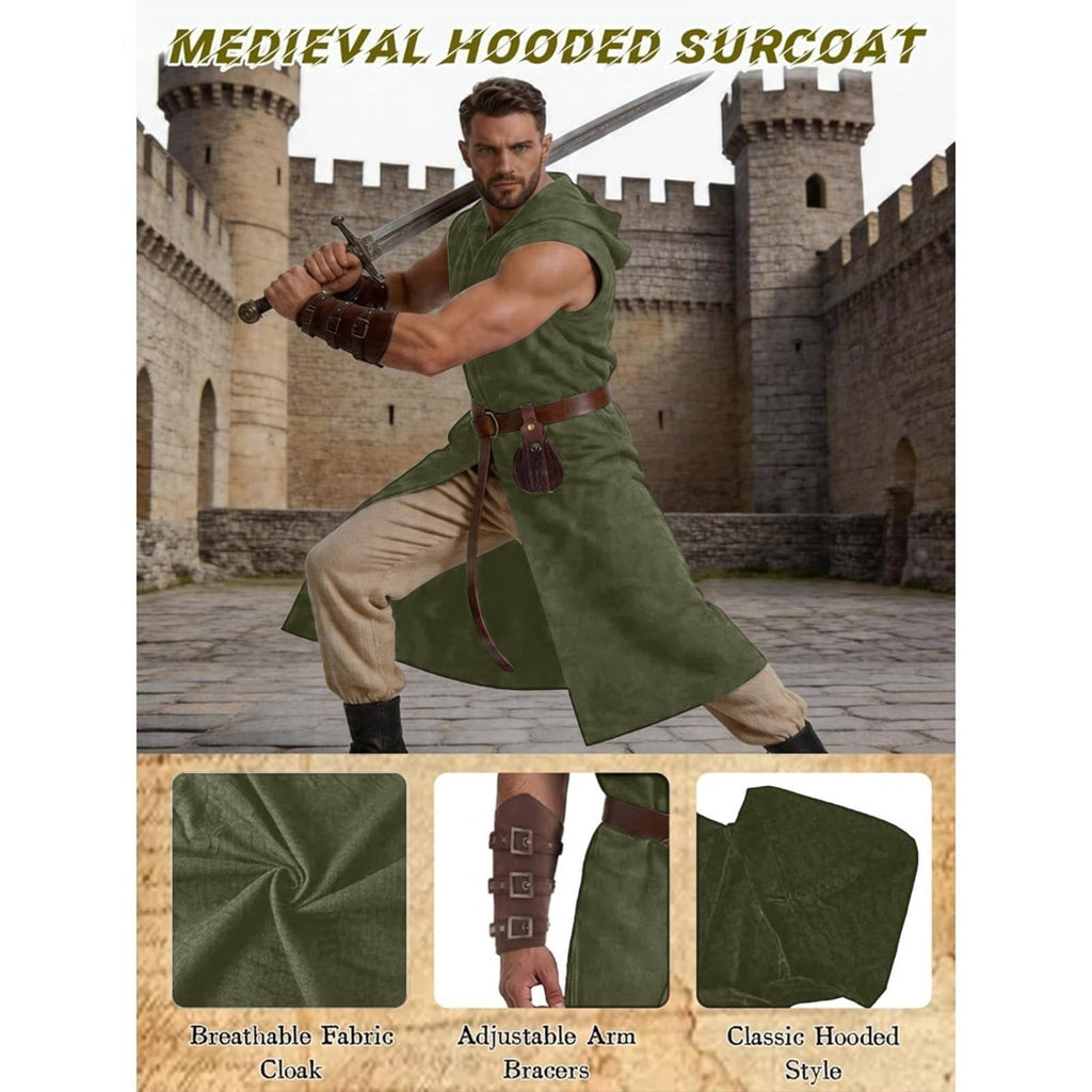 Men's Medieval Vintage Viking 5-Piece Cosplay Costume Set Sleeveless Hooded Cape Belt and Bracers for Halloween