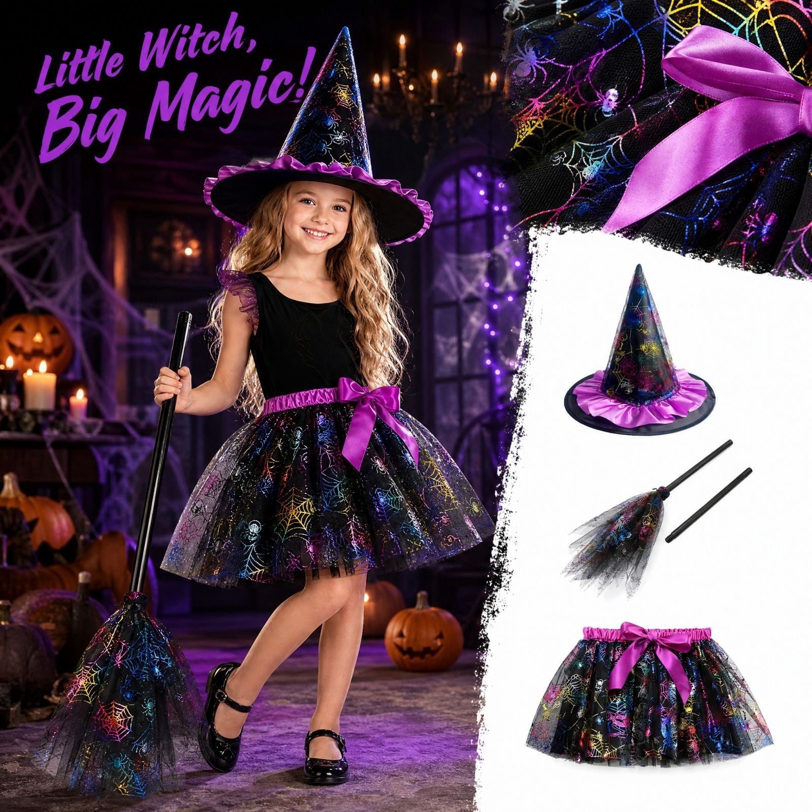 choiix Witch Tutu Skirt and Hat Set with Broomstick Halloween Costume Outfit with Printed Tulle Skirt and Witch Hat Cosplay Outfit for Party 100
