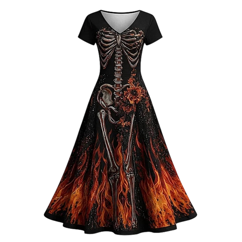 KICILVS Gothic Clothes For Women Black Spiderweb And Spider Print Flowing V Neck Long Maxi Dress Halloween Cosplay Gothic Party Dress