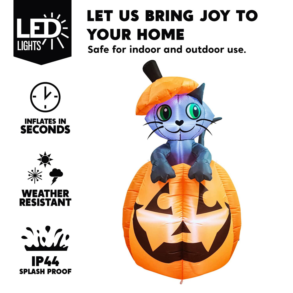 Joyfy 5 ft Halloween Inflatable Animated Cat on Pumpkin,Halloween Outdoor Decoration with LED Lights,Blow Up Decoration for Yard & Lawn,Party