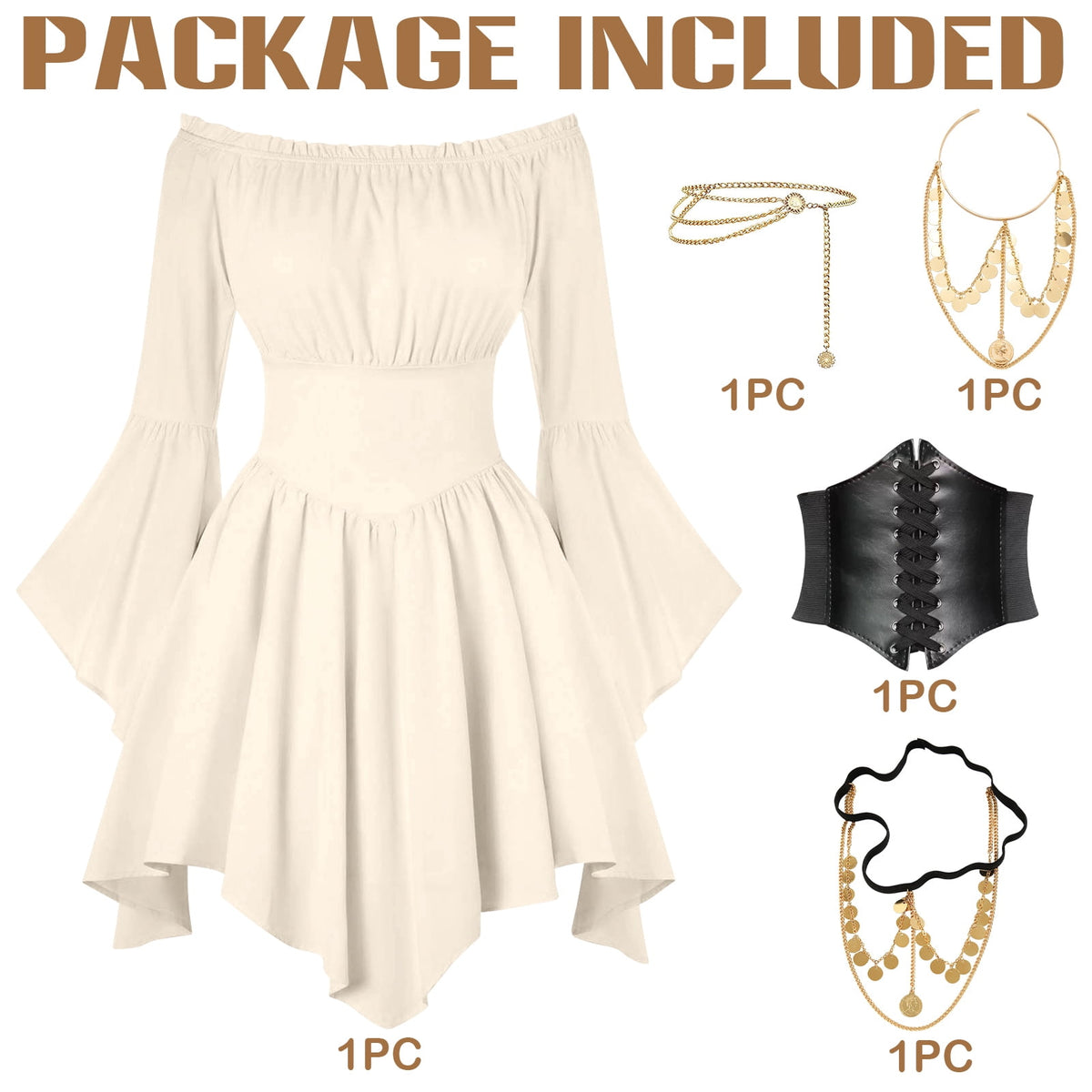 Alaiyaky Renaissance Costume Women Pirate Costume Adult Renaissance Medieval Outfit Off Shoulder Bell Sleeve Fairy Dress for Halloween Cosplay and Themed Parties