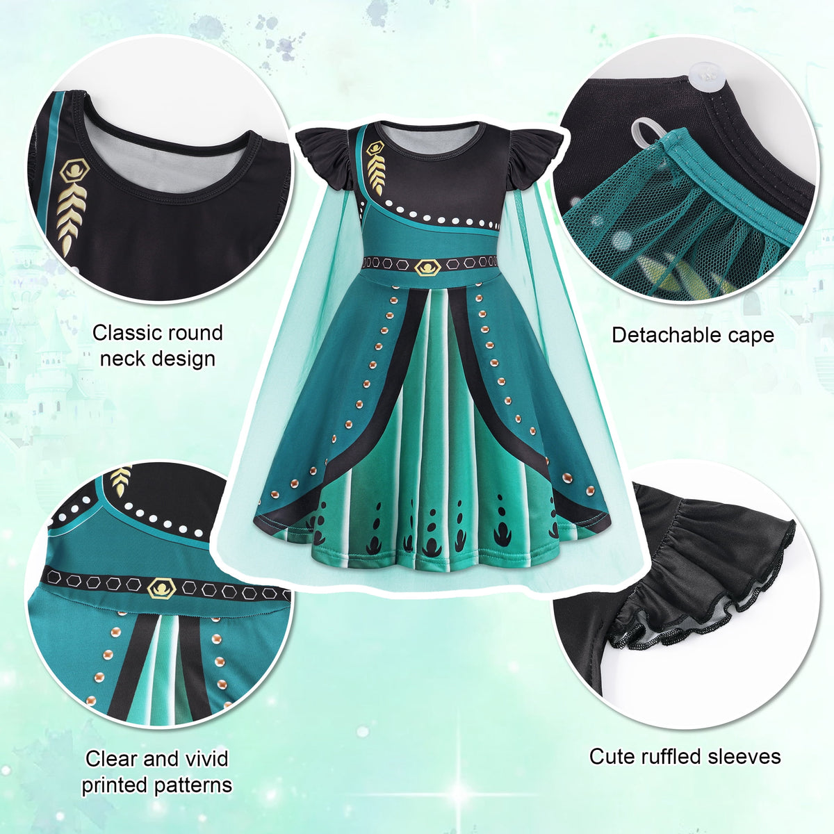 Benylion Girls Ice Princess Dress Halloween Cosplay Costumes With Tulle Cape Kids Birthday Party Dress up Outfit for 7-8 Years