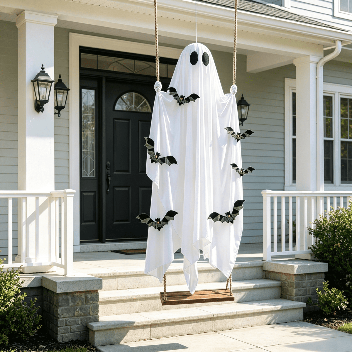 Halloween Decorations Outdoor - 5 FT Large Hanging Swing Ghost Halloween Decor with String Lights, Spooky Cute Ghosts Decorations for Front Porch Yard Tree