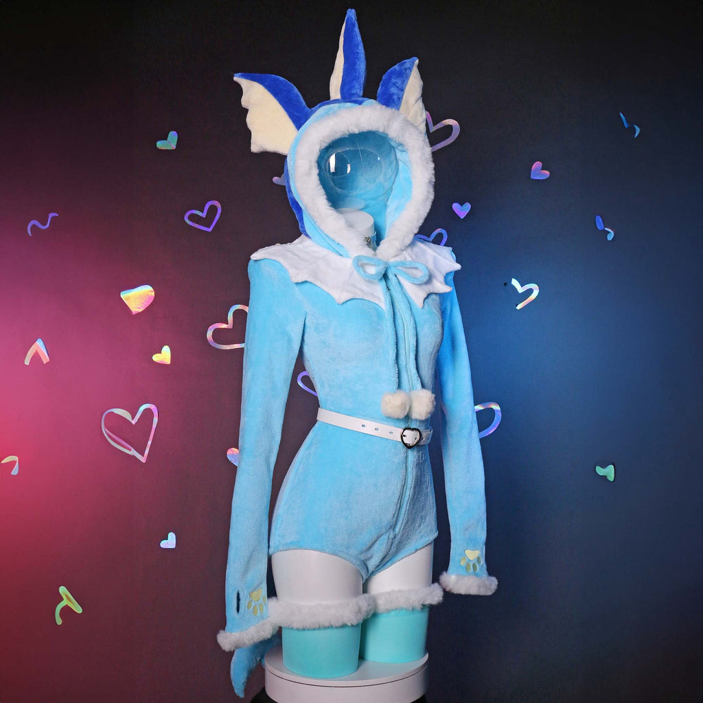 Women sexy Fluffy Hooded Bodysuit Halloween Deep V Kawaii One Piece Lingerie Rompers with Choker and Socks