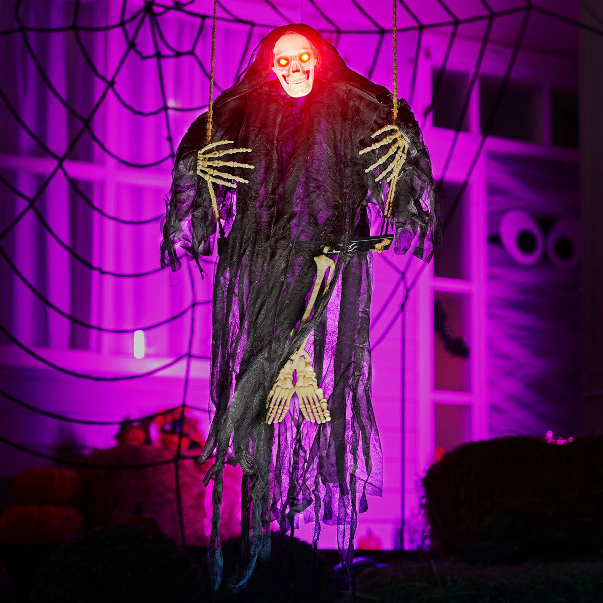 Joyfy 3 FT Halloween Hanging Swinging Skeleton,Light Up Creepy Grim Reaper with Black Hood Decorations for Halloween Hanging Decorations Indoor Outdoor Yard Home Decorations