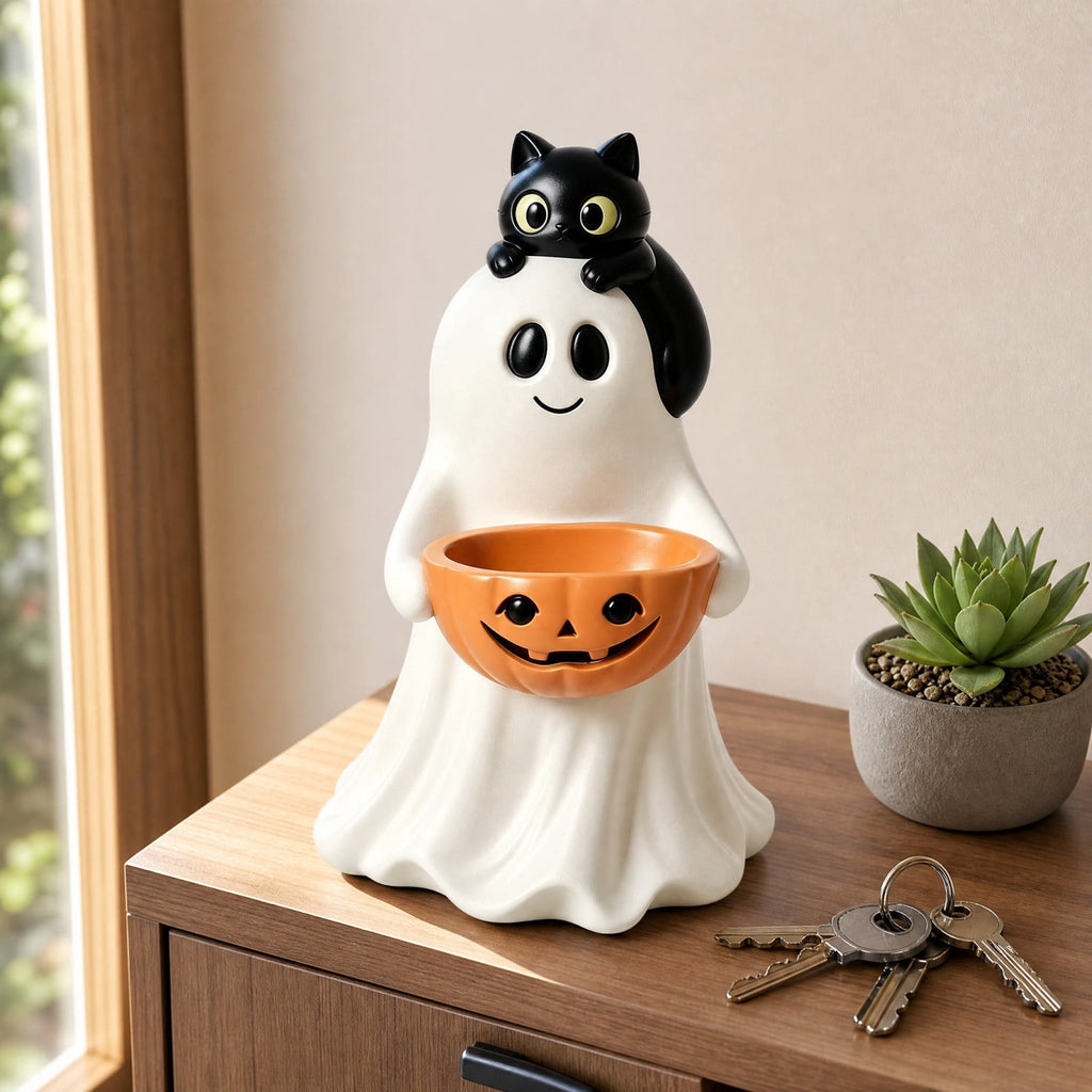 13.7" Halloween Ghost Figurine with Pumpkin Candy Bowl, Indoor Outdoor Safe Ghost Statue for Porch Yard Garden Decoration, Freestanding Halloween Porch Decor