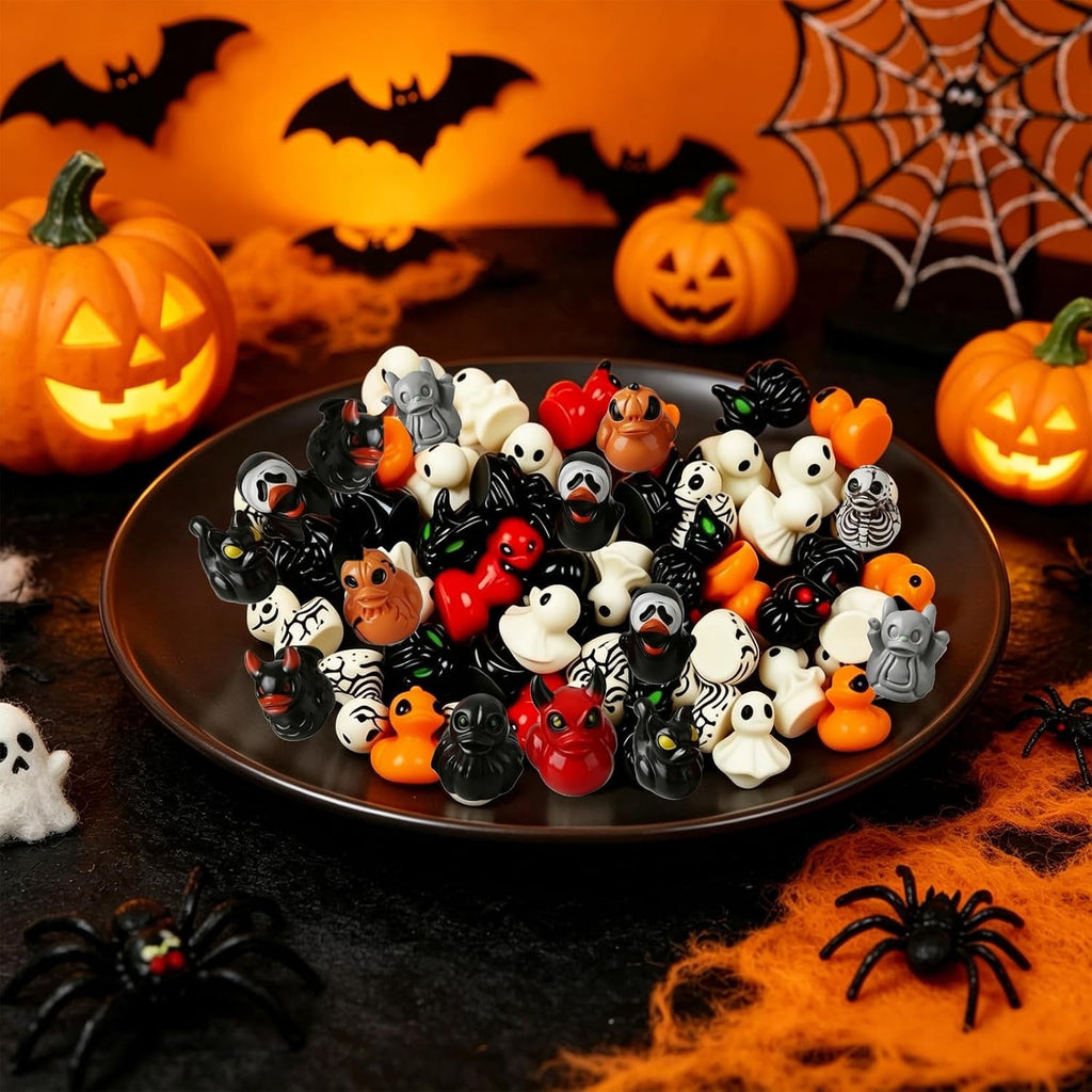 60Pcs Halloween Mini Resin Ducks Figurines, Novelty Halloween Party Décor | Cute Ghost Devil Skeleton Pumpkin Witch Designs, Gothic Halloween Desktop Decor for Tiered Tray, DIY Crafts, Party Favors