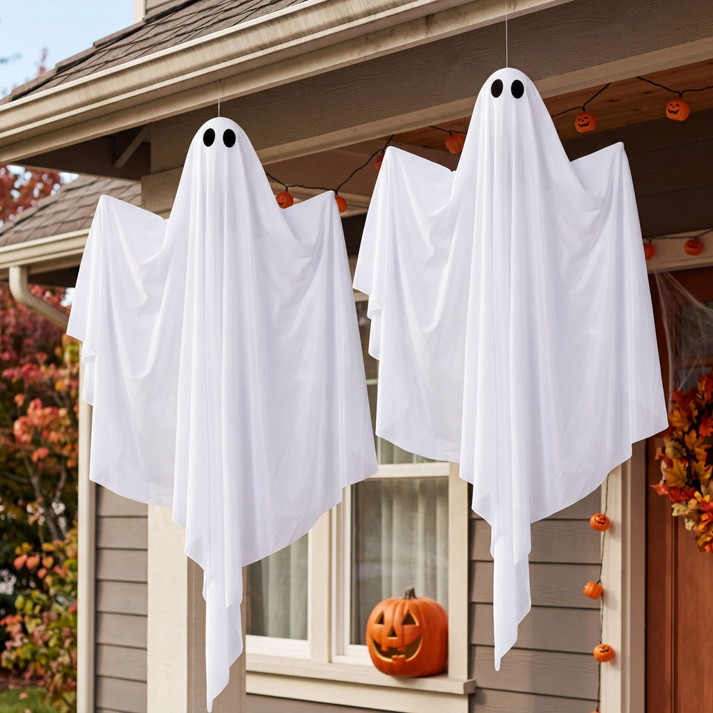 Joyfy 47" Halloween Hanging Light up Ghost Decorations Outdoor,White Ghosts with Blue LED Light and Timer Halloween Hanging Decoration Waterproof for Front Yard Patio Lawn