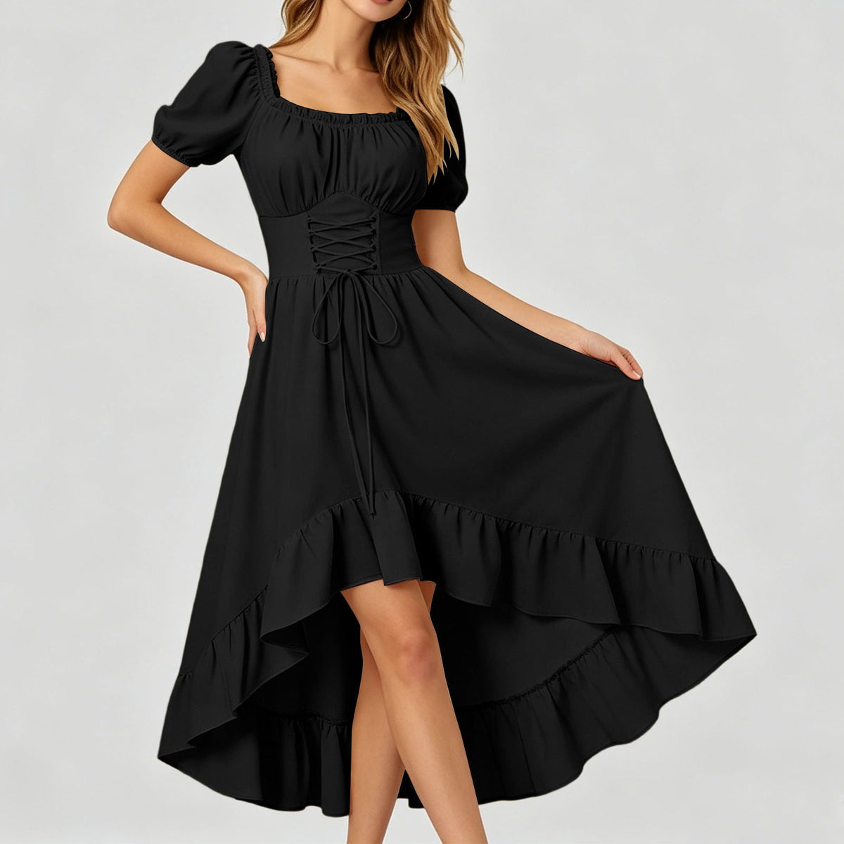 Gothic Dresses for Women Medieval Renaissance Halloween Costume Lace Up Corset High Low Ruffle Hem Square Neck Vintage Gown