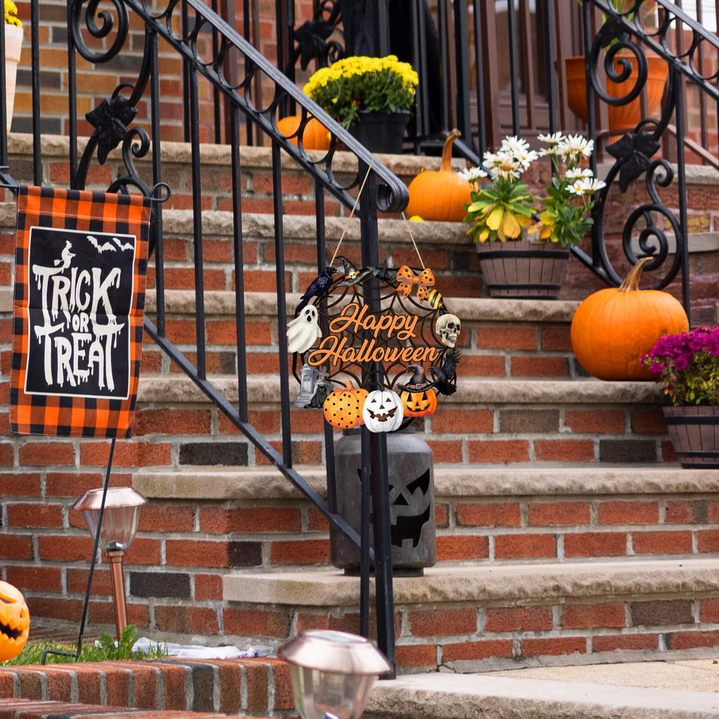 Halloween Decoration Indoor,Ghost & Pumpkin Halloween Wreath for Front Door,Wooden Black Cat Wall Sign Hanging Decor Indoor Outdoor Farmhouse Party Supply