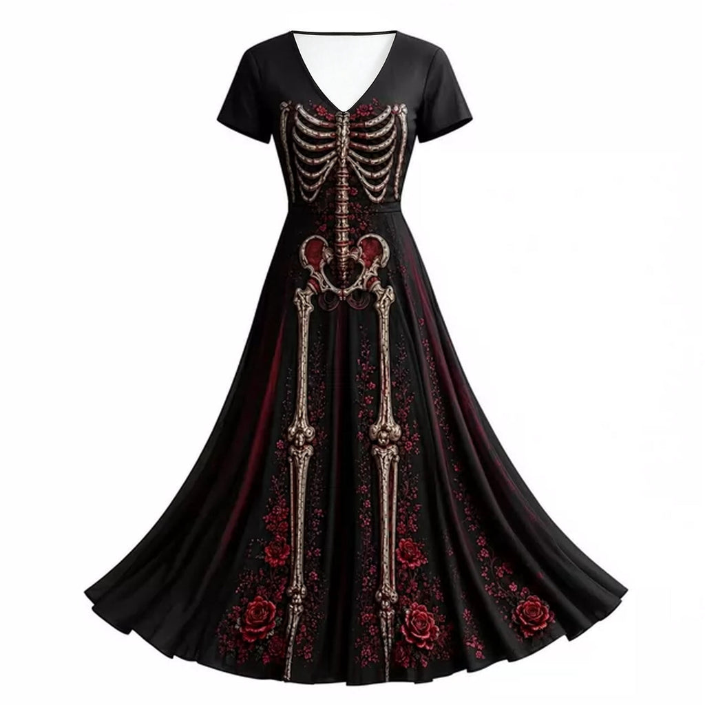 KICILVS Gothic Clothes For Women Black Spiderweb And Spider Print Flowing V Neck Long Maxi Dress Halloween Cosplay Gothic Party Dress