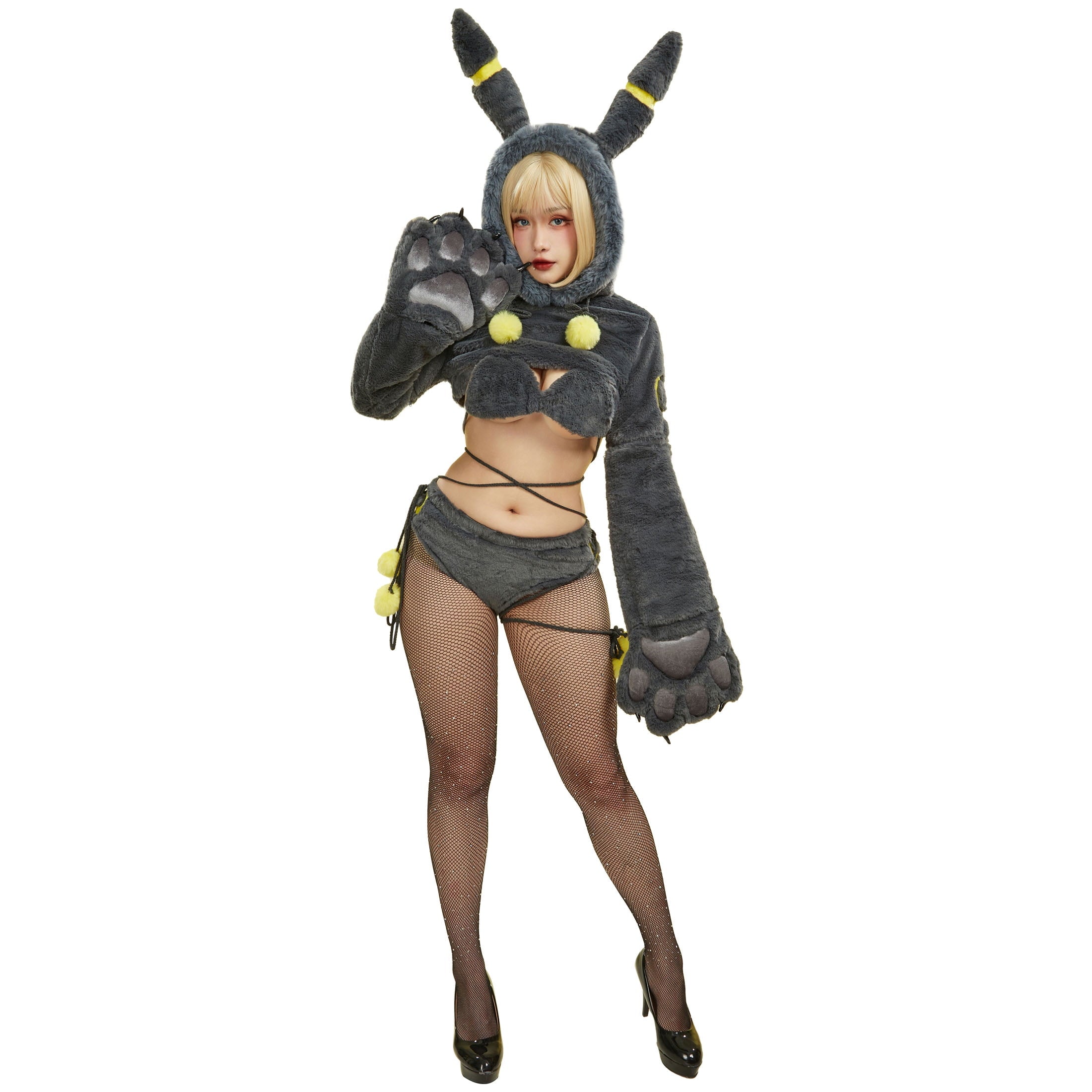 Women sexy Fluffy Hooded Bodysuit Halloween Deep V Kawaii One Piece Lingerie Rompers with Choker and Socks