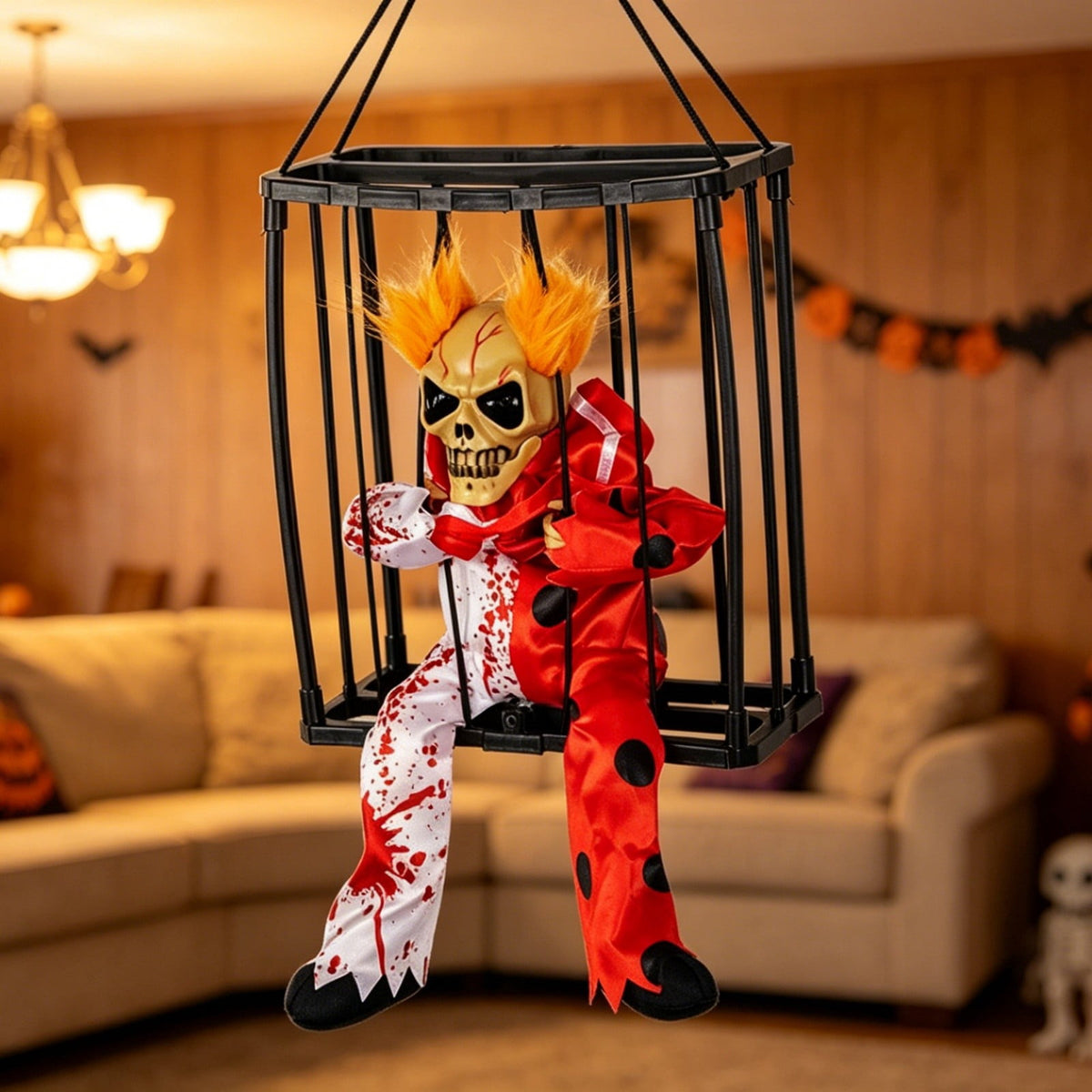 XIA0LE Halloween Hanging Caged Skeleton Prisoner Decoration, Animated Shaking Scary Ghost With Motion Sensor & Sound, Glowing Red Eyes Activated For Indoor Outdoor Party Decor (C)