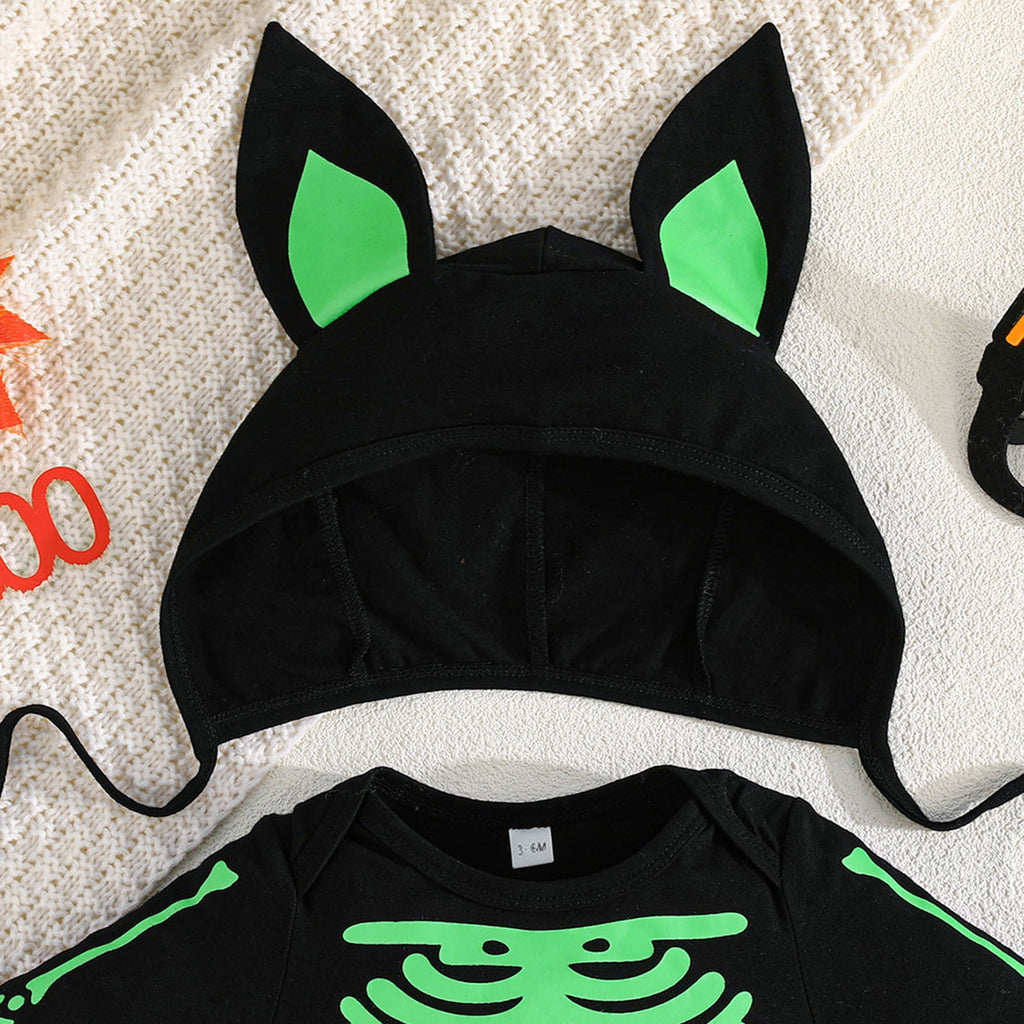 WIBACKER Baby Girl Boy Skeleton Jumpsuit Ear Hat 2PCS Outfit 3 Months-3 Years Infant Toddler Halloween Bats Costumes with Wings Cosplay Clothes