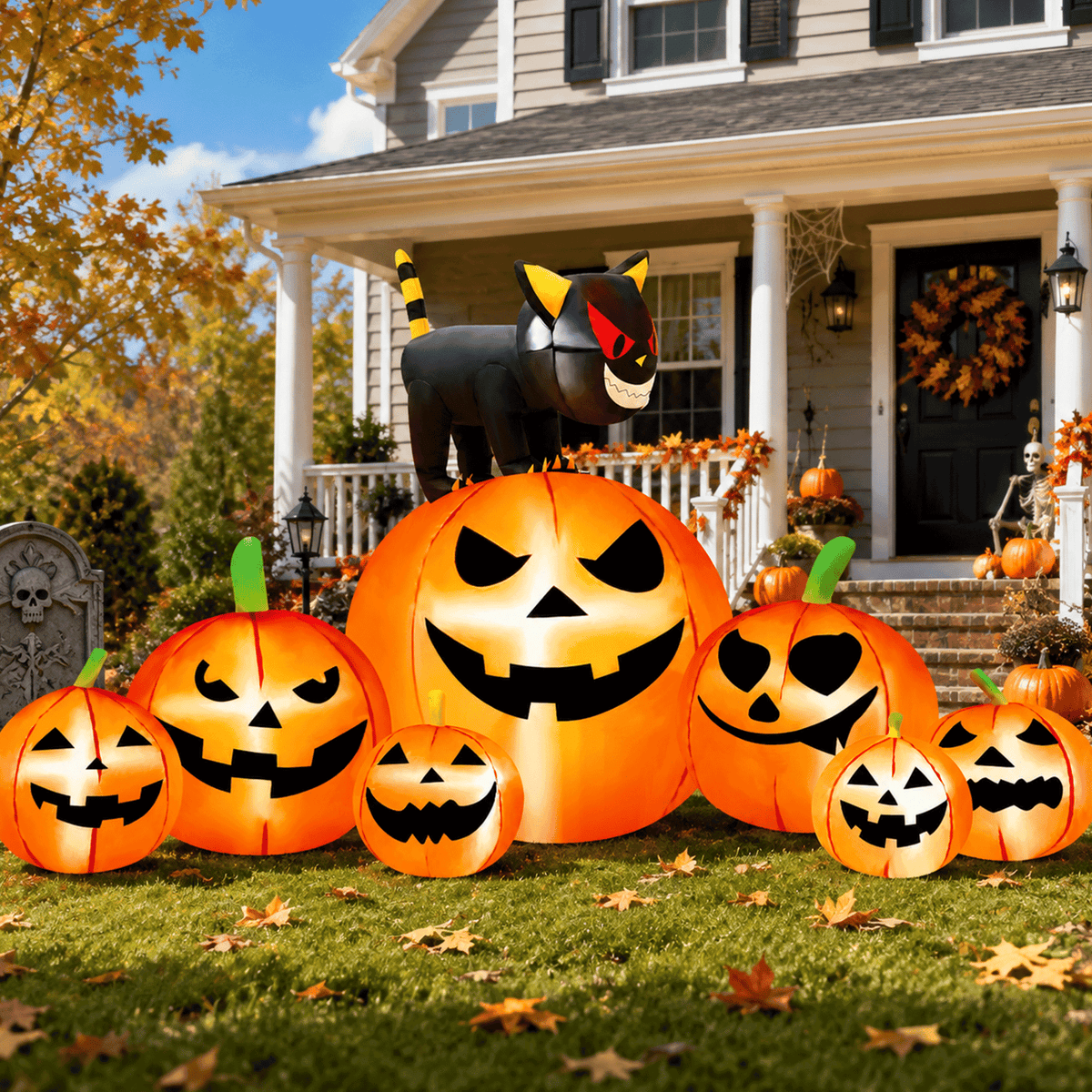 Yexmas 8.7ft Halloween Inflatables Pumpkins 7 Blow Up Decor with Witches Hat, Built-in LED Lights for Halloween Party, Yard, Garden, Lawn
