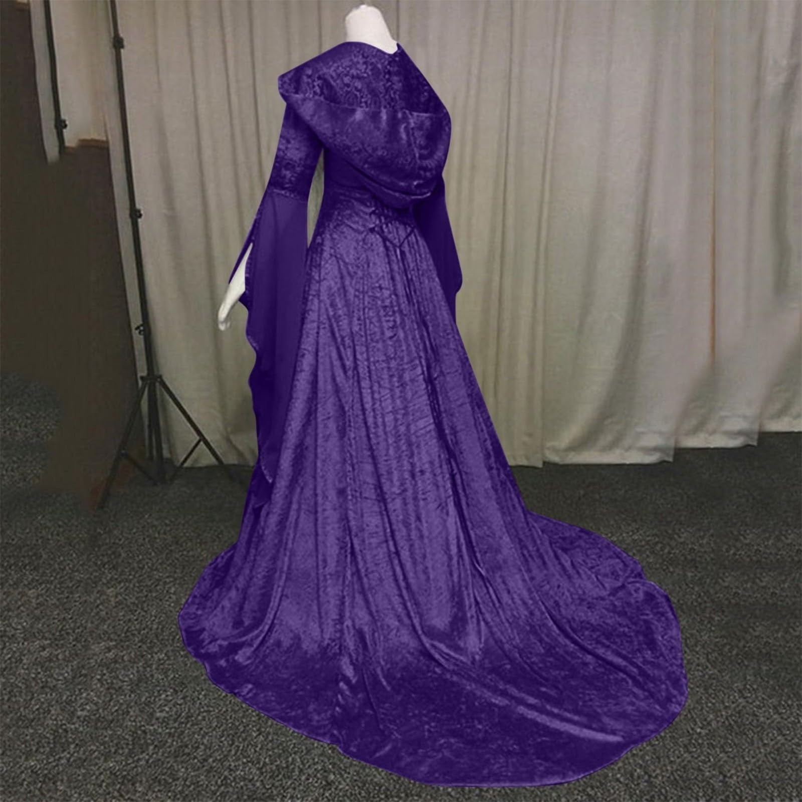 Medieval Renaissance Hooded Dress for Women, Silver Gothic Witch Costume with Lace-Up Corset, Vintage Velvet Long Sleeve Gown for Halloween Cosplay Renaissance Wedding Themed Party-Dark Blue/L