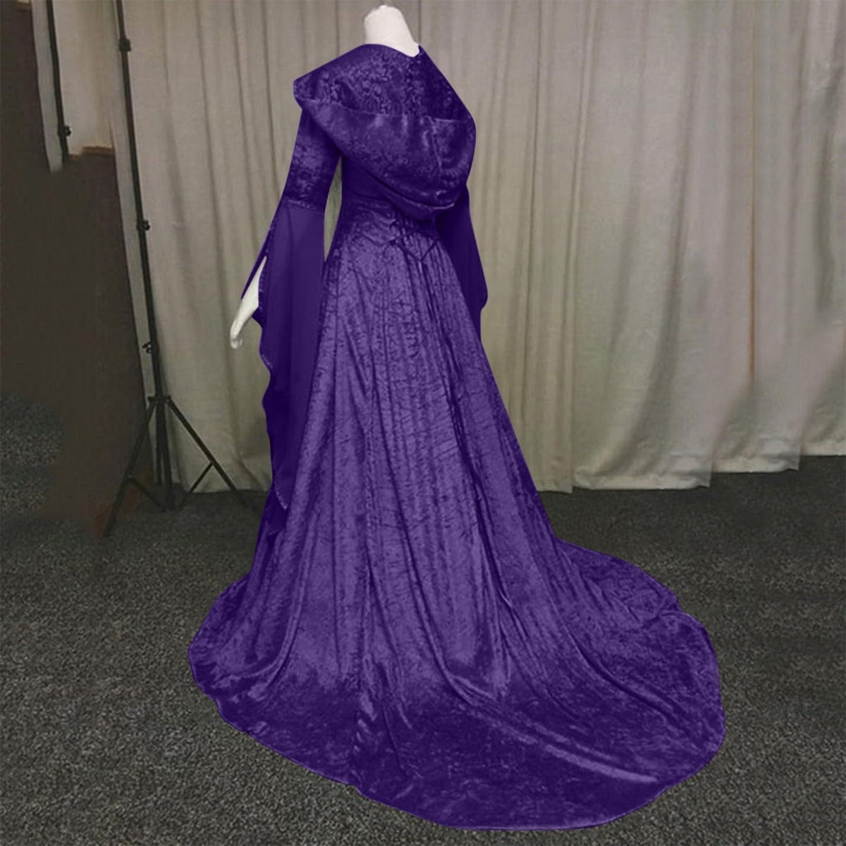 Women Gothic Cold Shoulder Midi Dress, Sheer Flare Bell Sleeve Front Corset Irregular Witch Costume Dress, Adult Halloween Dark Aesthetic Vintage Formal Evening Cosplay Party Outfit(Navy-2/M)