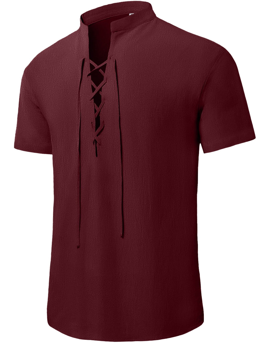 HAOMEILI Men's Cotton Linen Lace-Up V-Neck Short Sleeve Shirt