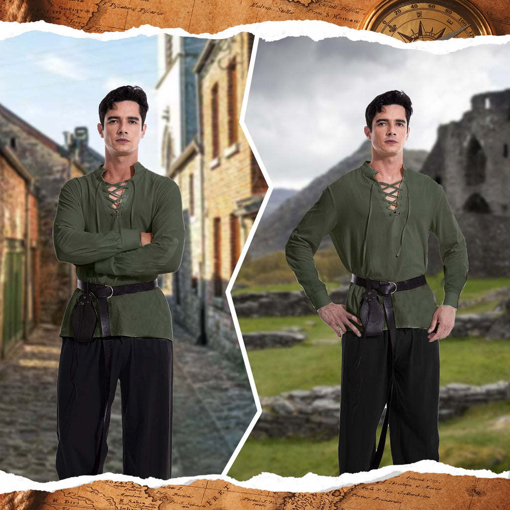 WASFDN 5 Pcs Men's Renaissance Costume Medieval Pirate Shirt Ankle Banded Pants Viking Costume Accessories Set,Style 2,M