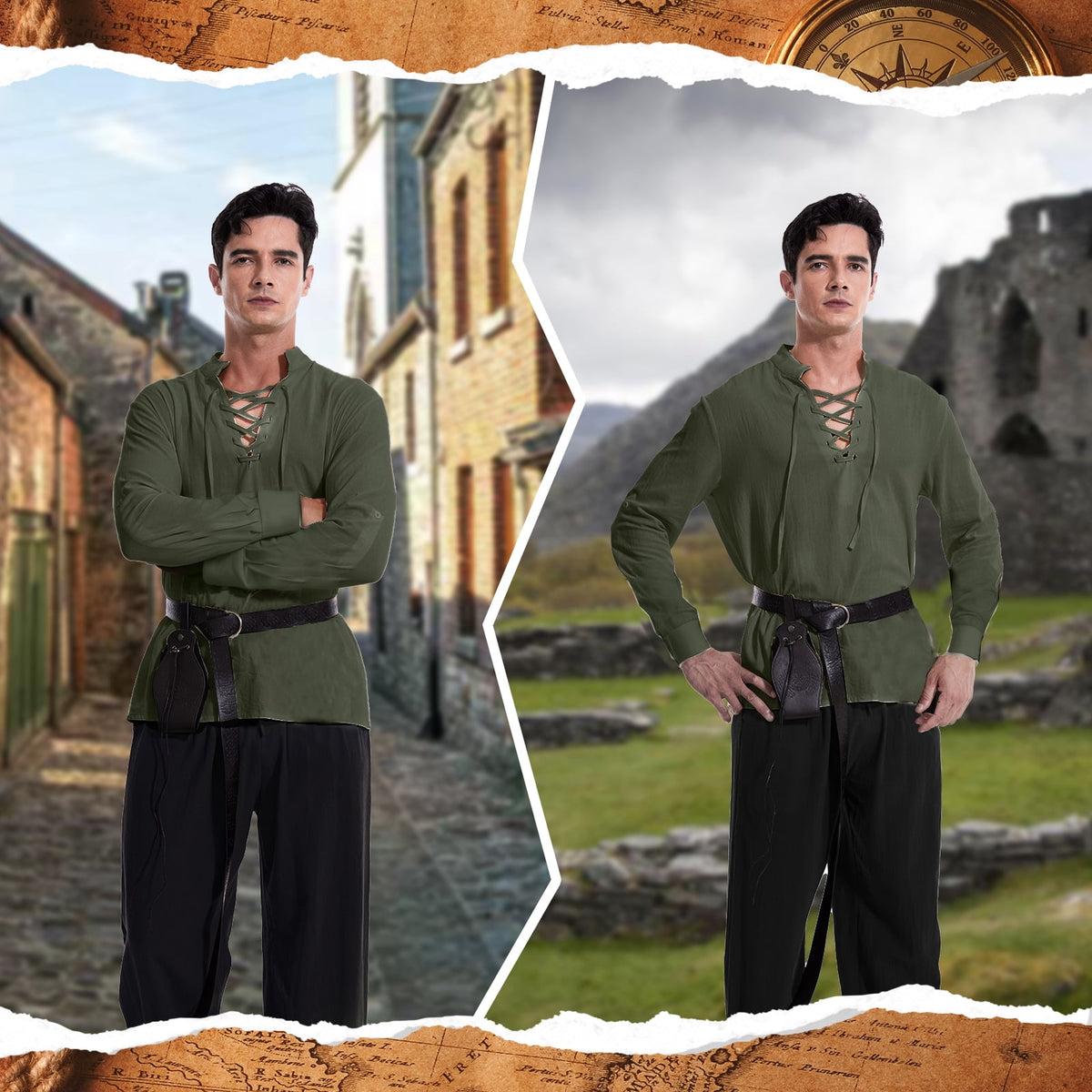 WASFDN 5 Pcs Men's Renaissance Costume Medieval Pirate Shirt Ankle Banded Pants Viking Costume Accessories Set,Style 2,M