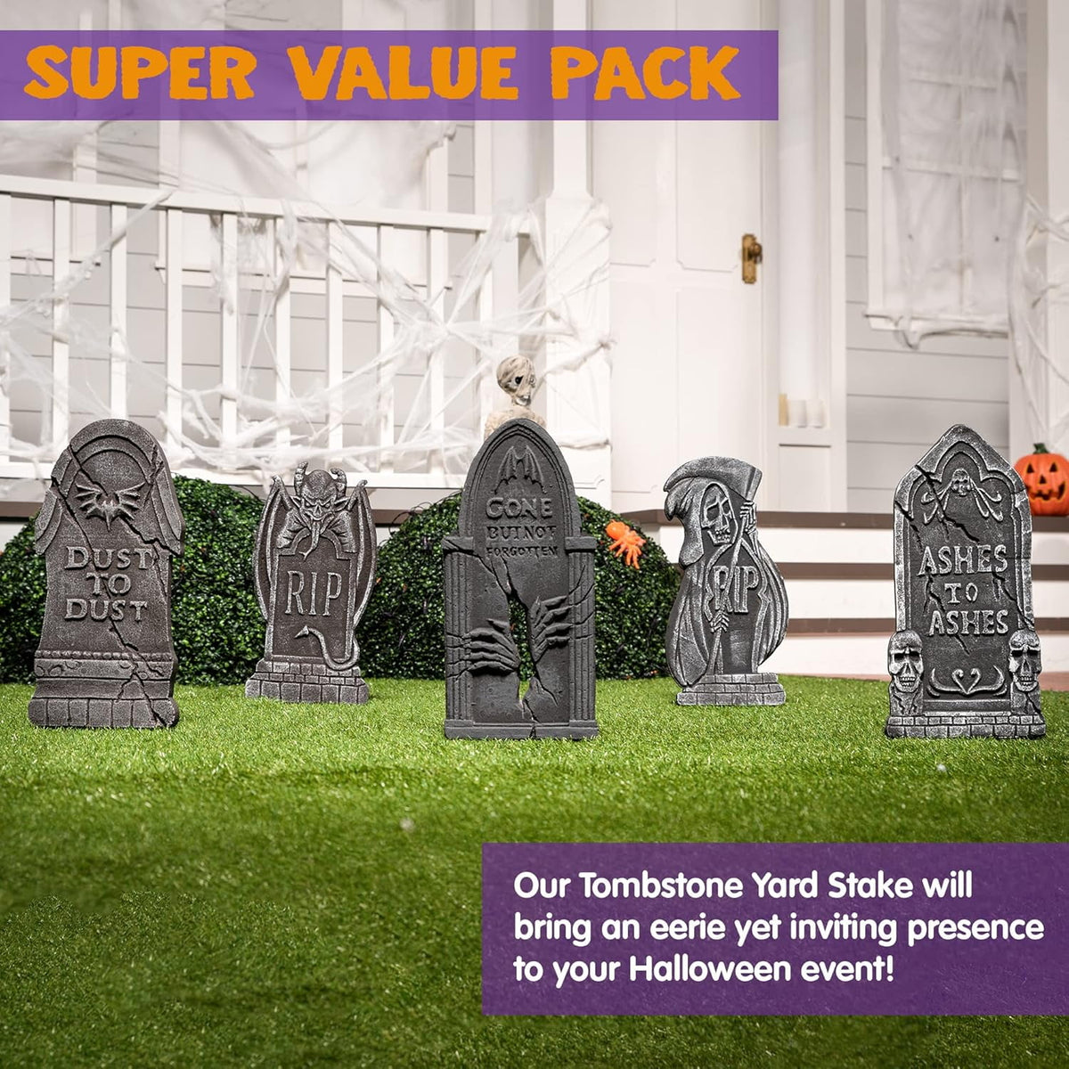 Joyfy 17" Halloween 5 Pack Tombstone Decorations, Foam RIP Graveyard Signs Cemetery Headstones Scary Outdoor Indoor Halloween Decor with 12 Metal Stakes for Easy Set Up, Waterproof for Garden Lawn