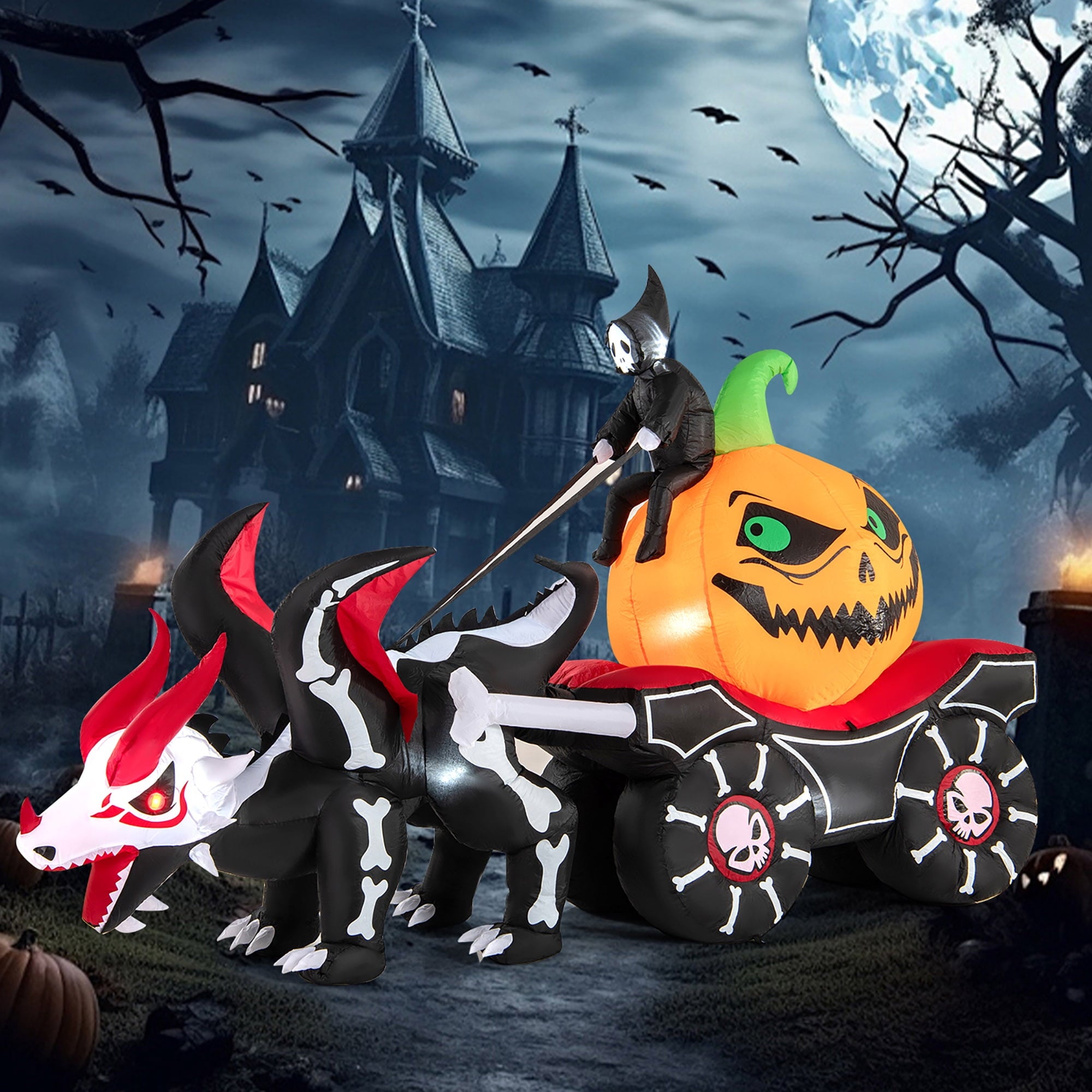 Gymax 9 FT Long Halloween Inflatable Decoration Grim Reaper Driving Pumpkin Carriage