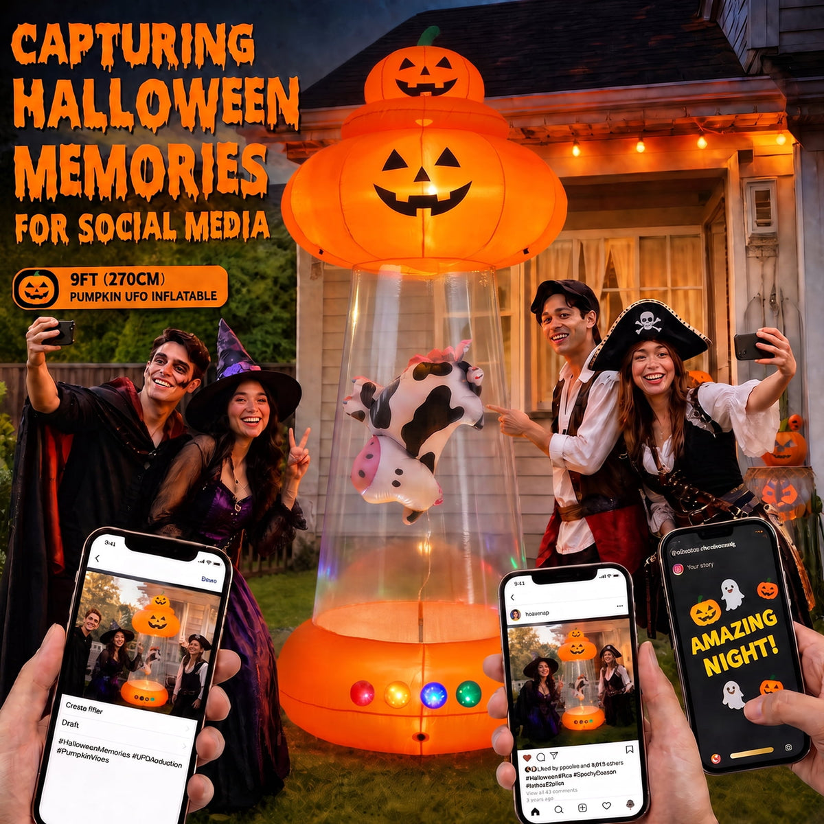 BSHAPPLUS® 9 FT Halloween Pumpkin UFO Inflatable,Walk-in Inflatable Yard Decor with Levitating Cow,Built-in LED Lights,Outdoor Blow up Decor for Lawn Garden Party,19.7ft Extra-Long Power Cord