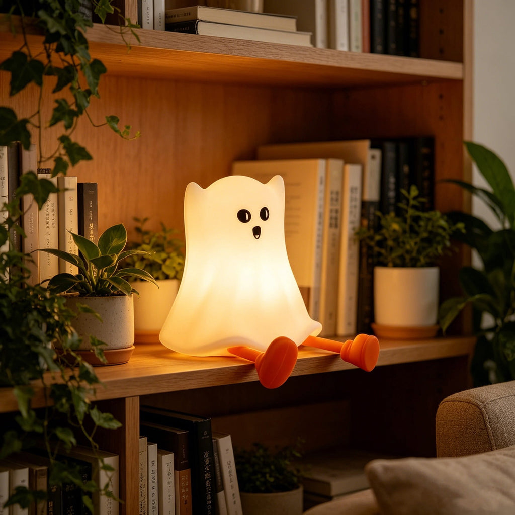 Fwttom Ghost Night Light, Halloween Lights Cute Ghost Reading Book Lamp, Halloween Decorations Indoor Light Up Ghost Statue Ghost Light for House Mantel Bedside