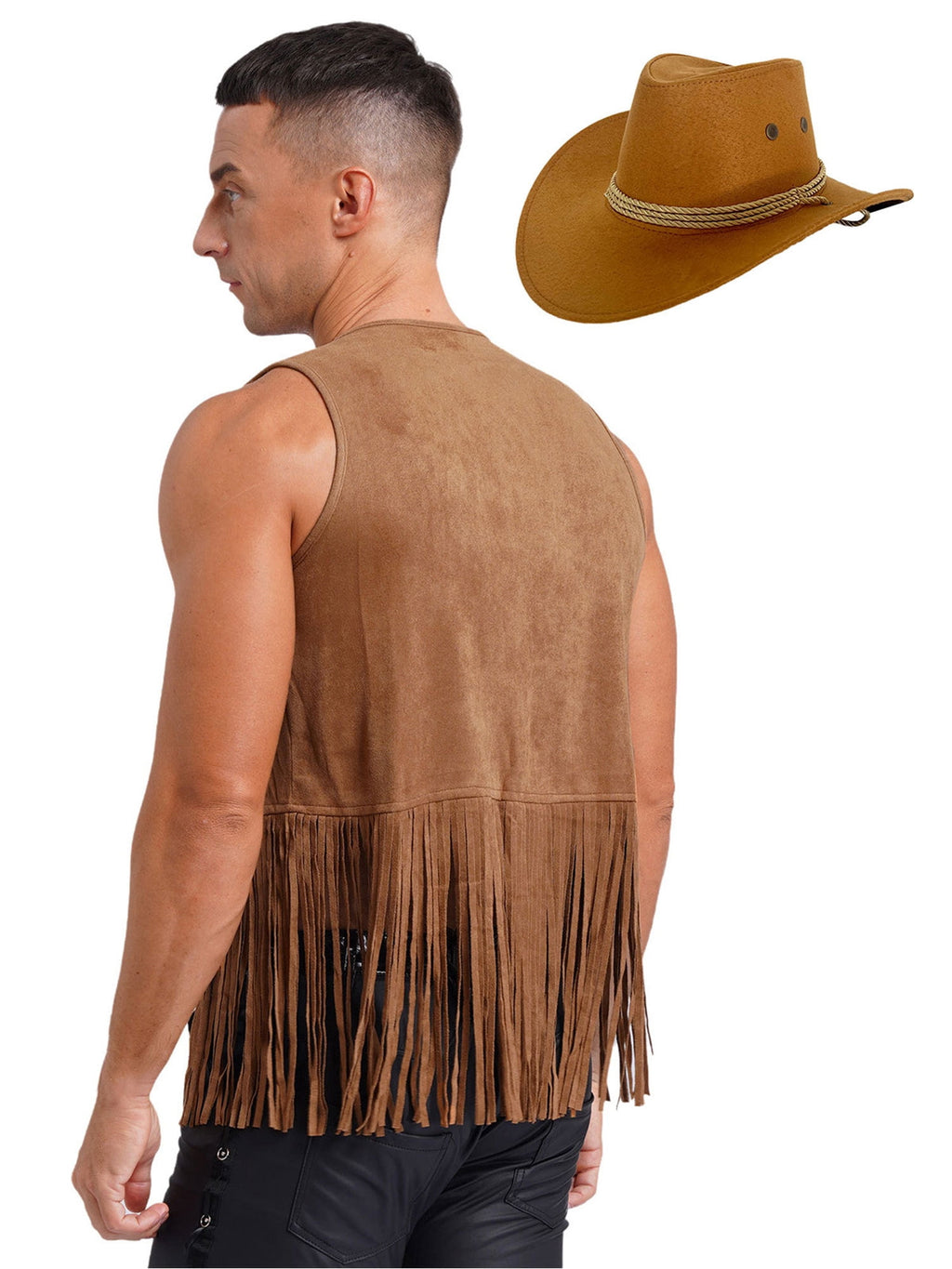 TiaoBug Men's Western Cowboy Cosplay Costume Tassel Rivets Waistcoat with Wide Brim Hats Sets Black L
