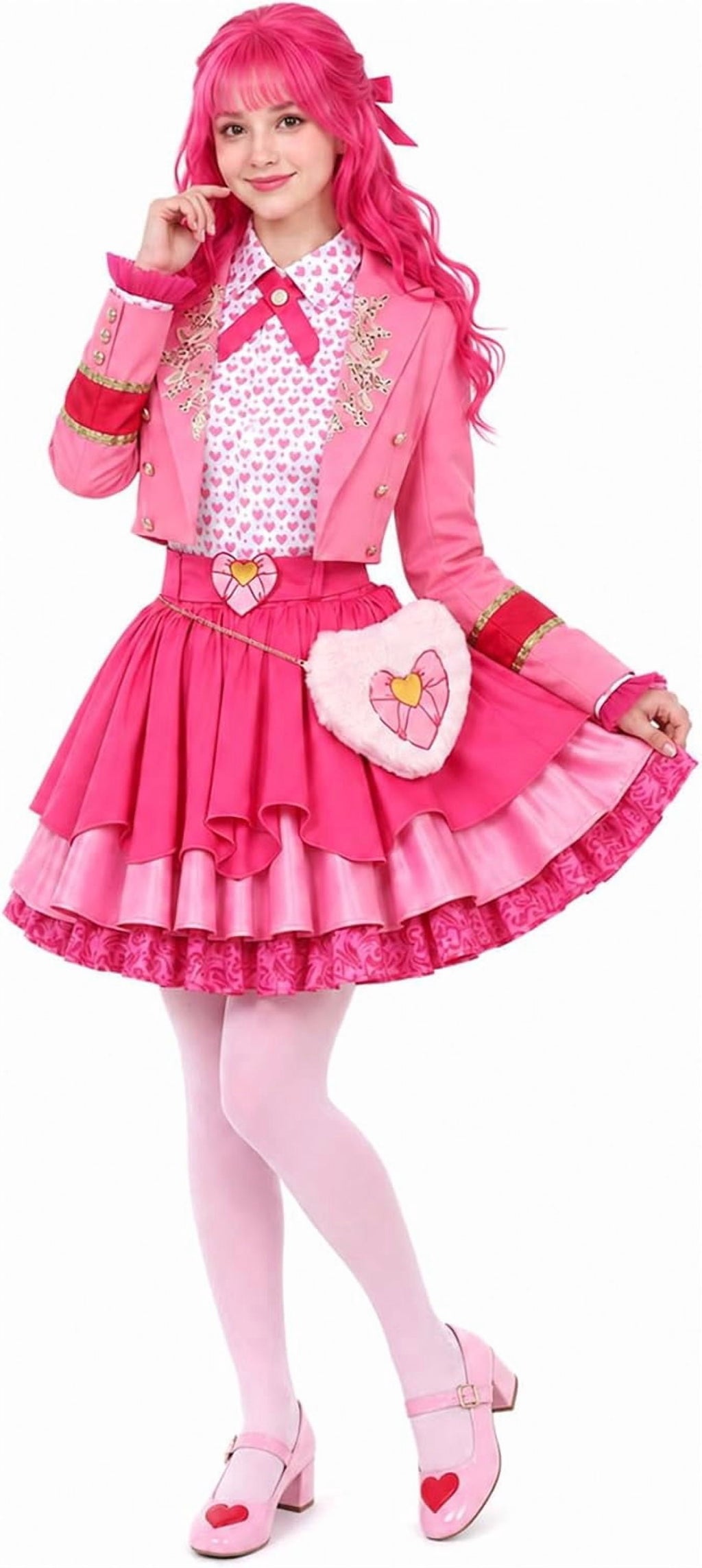 Satmonnus Women's Pink Princess Costume Set, Adult Halloween Cosplay Outfit with Heart Print Jacket, Layered Skirt & Fuzzy Bag, Fancy Dress Up for Themed Parties