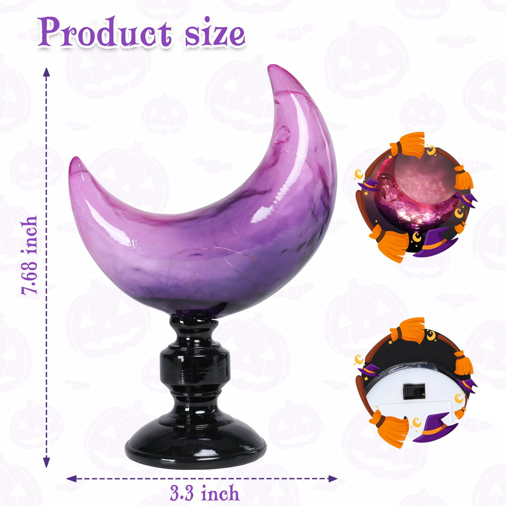 Halloween Purple Glass Moon Ornament with LED Lights, Swirled Pattern & Black Pedestal for Halloween Decor,Indoor Table Decor