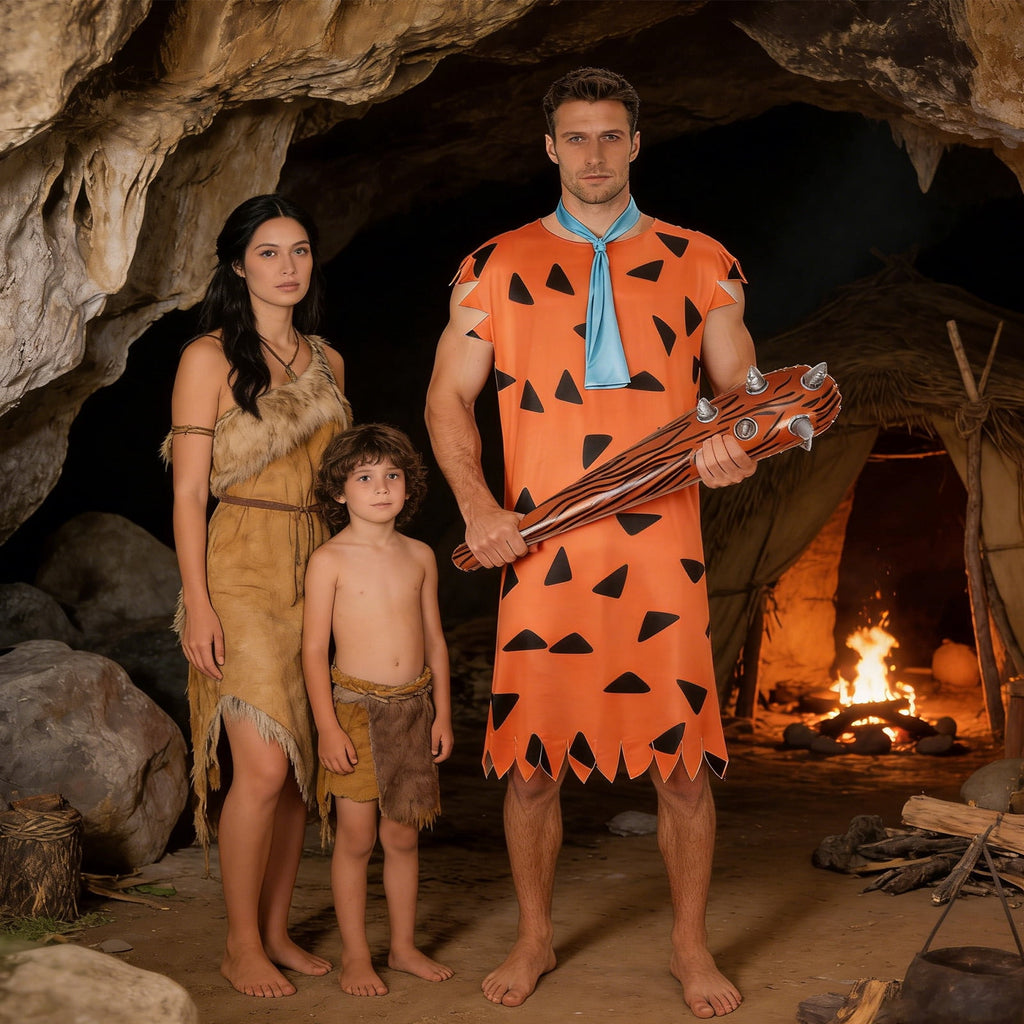Halloween Men's Costume Adult Caveman Cartoon Style Outfit, Orange & Brown for Cosplay Family Parties