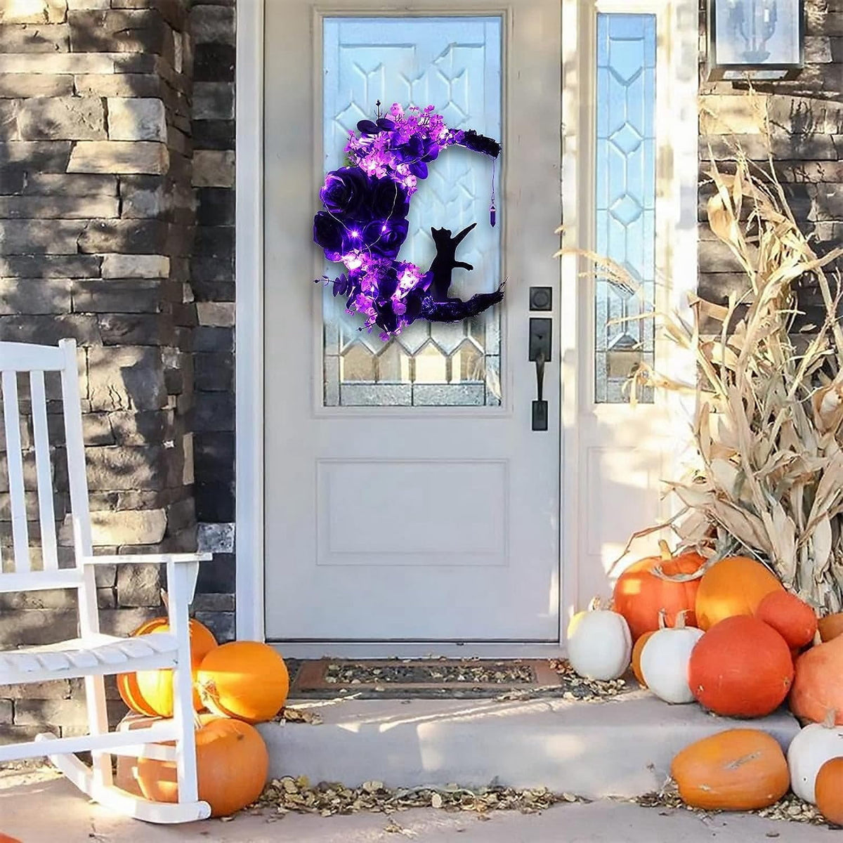 Wiher Halloween Wreaths with Lights for Front Door, 13.77" Halloween Moon Wreath with Black Cat Wood Wreath Halloween Wreath Horror Decorations for Home Party Window Wall Indoor Outdoor C