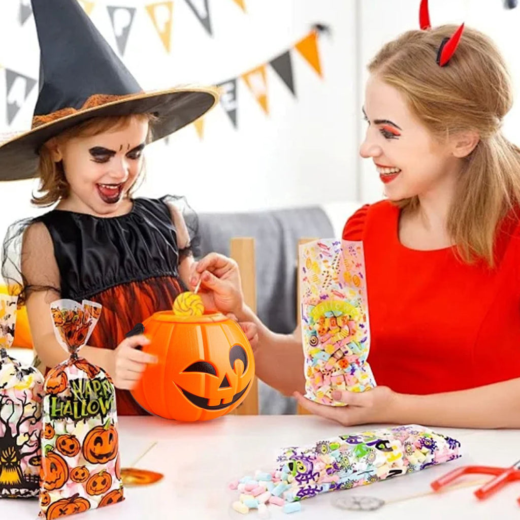 Halloween Treat Bags, Resealable Cellophane Bags, 50 Pcs Wrap Cellophane Treat Bags Party Favor Bags Candy Cookie Bags, Plastic Poly Goodie Storage Bags with Twist Ties for Halloween Party, 4.92x10.8"