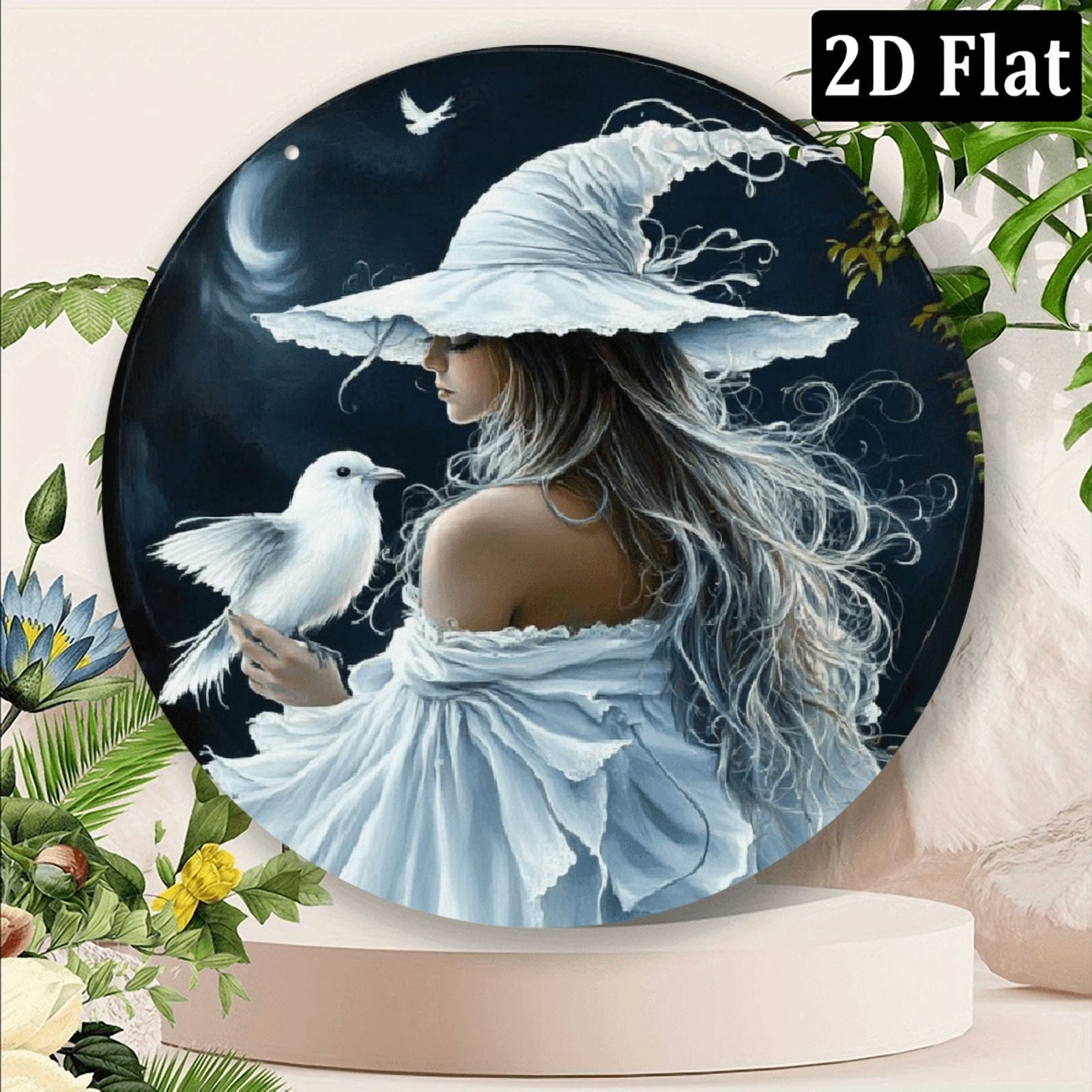 2D Enchanting White Witch &amp; Cat Round Sign - 8*8 Inch _ Durable, Fade-Resistant Wall Art for Home, Office, Cafe _ Mystical Forest &amp; Starry Sky Design _ Ideal Halloween &amp; Thanksgiving Gift
