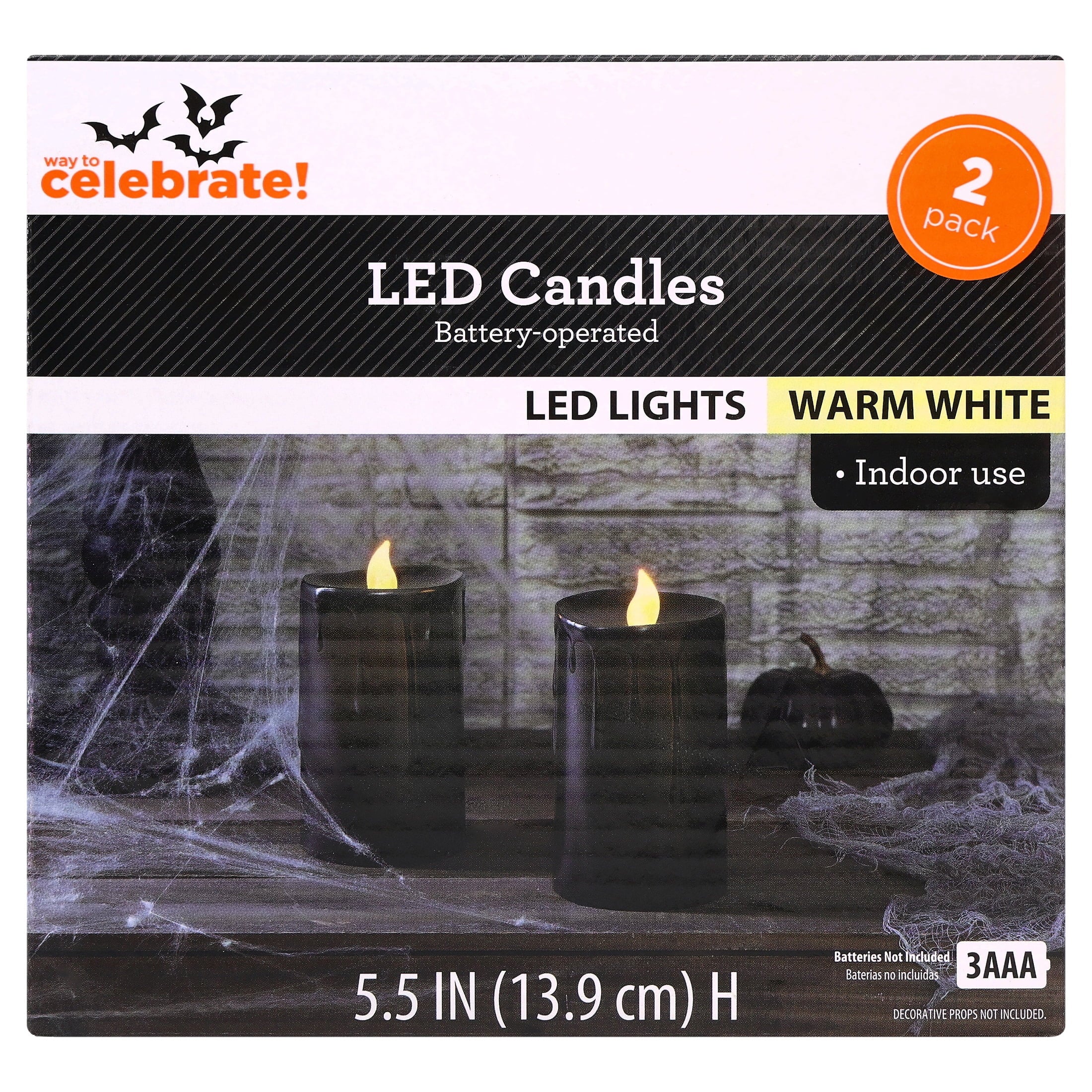 Battery-Operated Warm White LED Flameless Candles, Black, 5.5", 2 Count, Halloween by Way To Celebrate