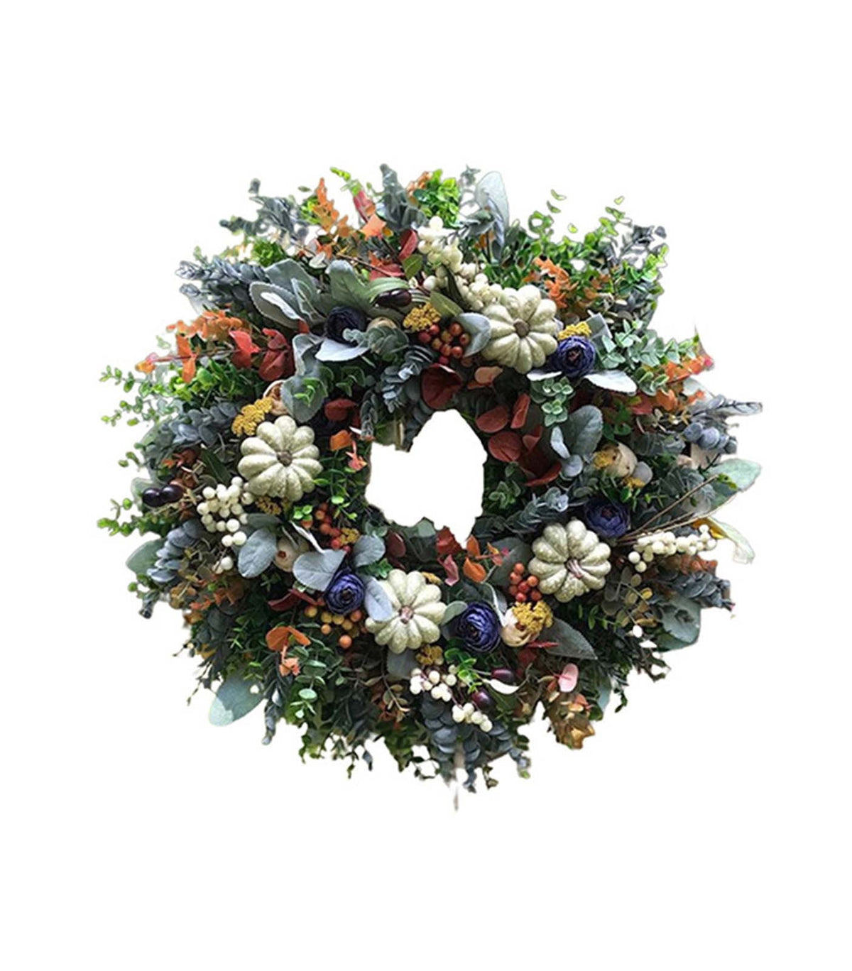 MXTPOV Halloween Decorations 19x19 inch Fall Garland White Pumpkin Berries Flowers Mixed Leaves Halloween Garland Thanksgiving Decorations Fall Wreaths for Front Door Home Decor