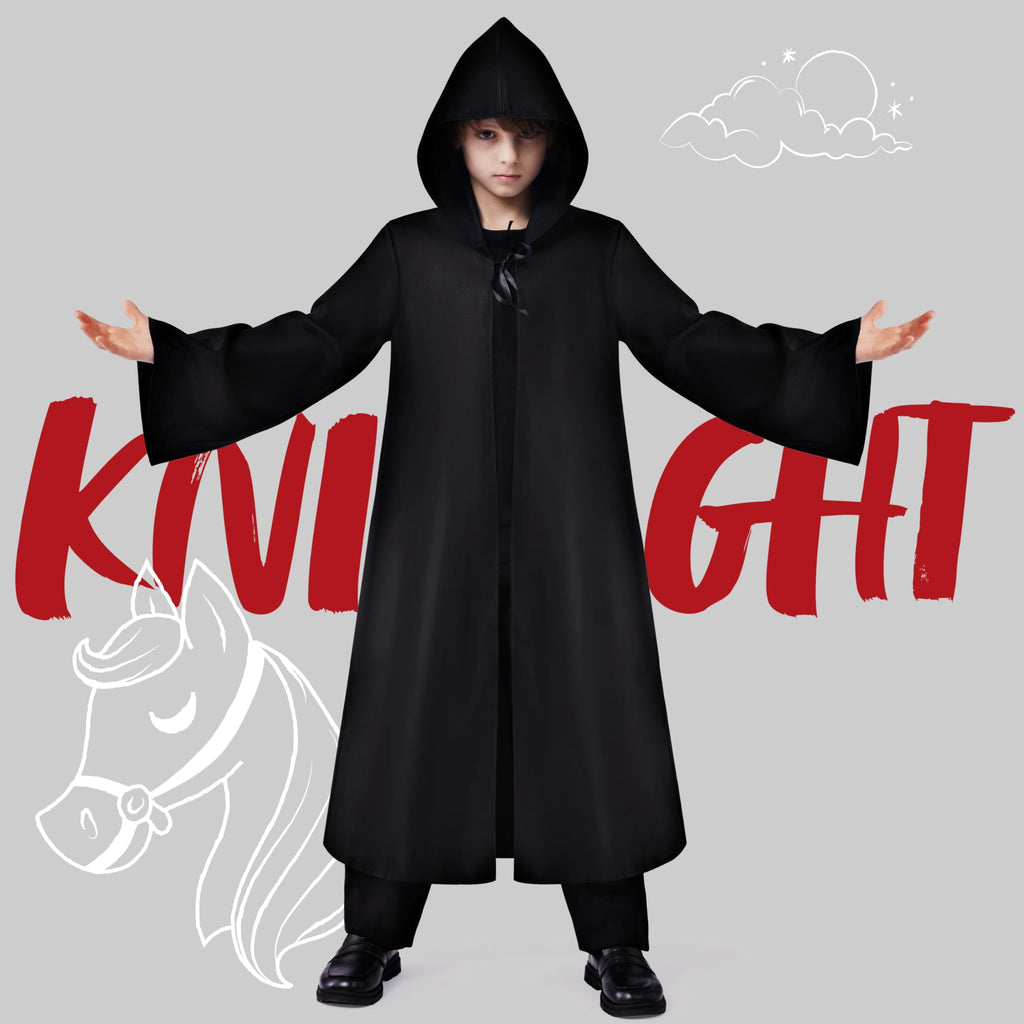 Joyfy Boys Renaissance Costumes, Kids Knight Costume, Black Cloak Tunic Hooded Robe Halloween Costume for Child Halloween Party Cosplay