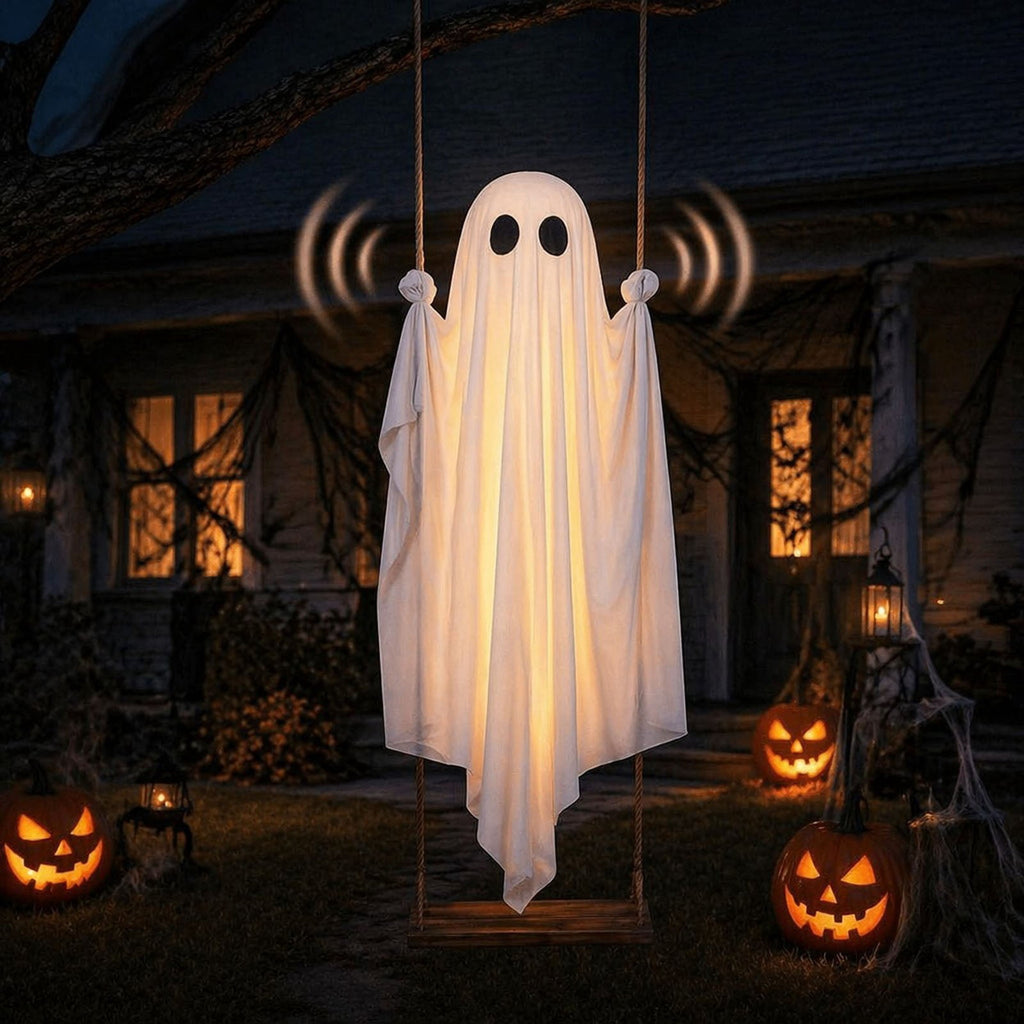 Cloth Hanging Swing Ghost Halloween Outdoor Decor,Remote Controlled LED Lighted Floating Ghost Ornament With 8 Lighting Modes For Porch Tree Yard Seasonal Holiday Display,Total Length 120.4 in.A