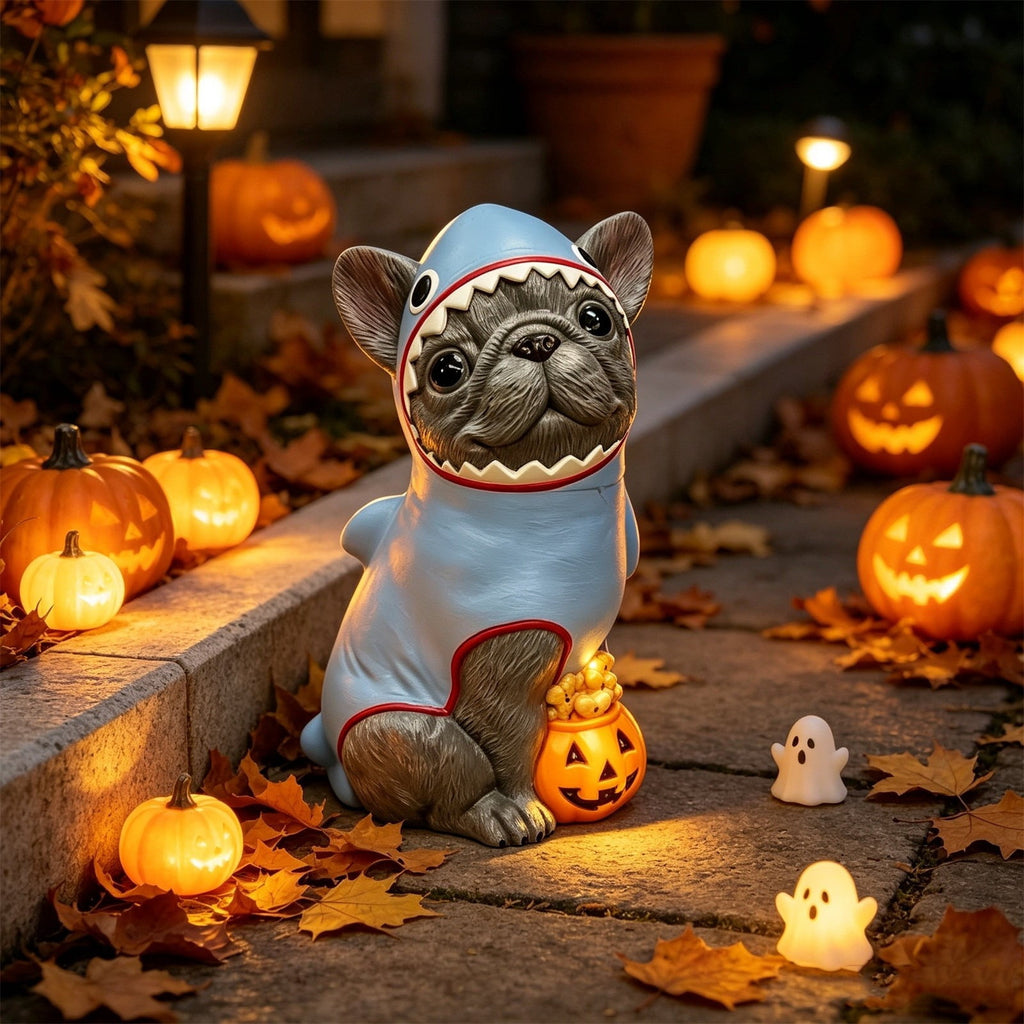 Halloween Dog Greeter - Frenchie 7.9in Resin Witch Dog with Light-Up Pumpkin, Spooky Fall Decor, Indoor Outdoor Tabletop Decoration