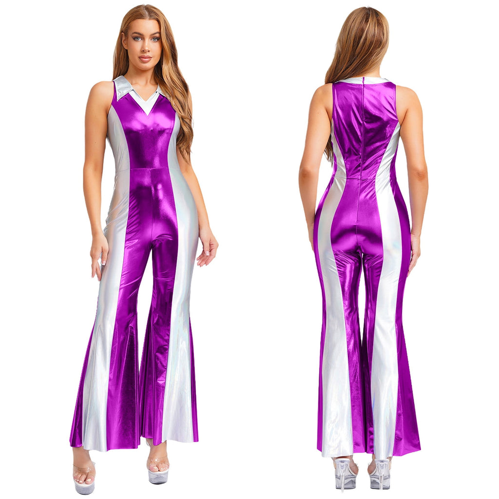 YiZYiF Womens 70s 80s Disco Costume Shiny Metallic Flared Pants Jumpsuit for Dance Party Halloween Gold S