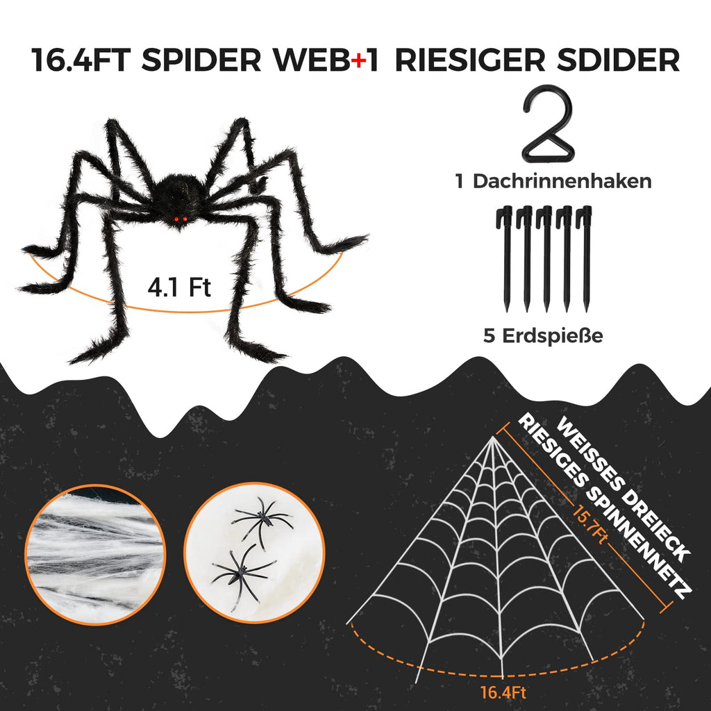 Halloween Decorations Outdoor Spider Webs: 1Pcs Giant Spiders - 200'' Triangular Web with Hook - Stretch Web and Ground Stakes for Large Halloween Decor and Haunted House Decoration