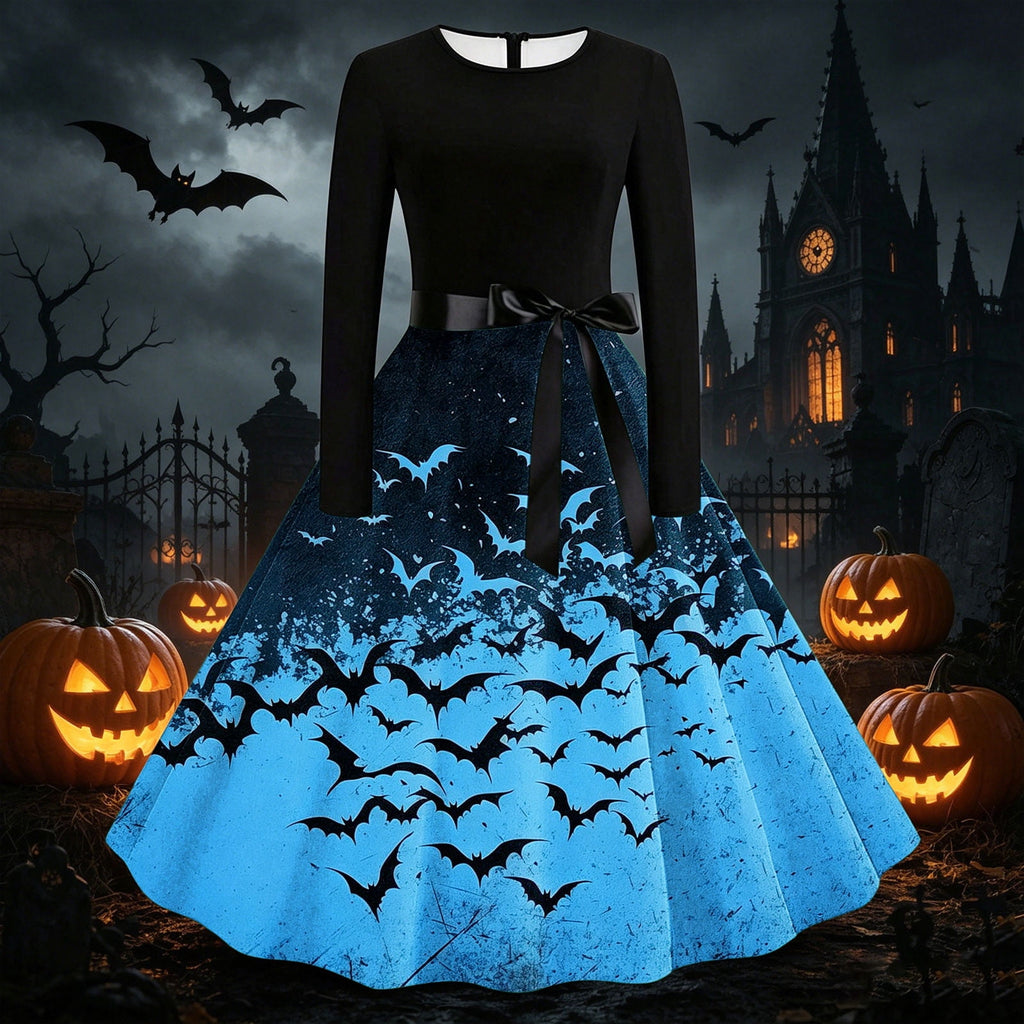 Women's Vintage Halloween Bat Print Swing Dress Long Sleeve 1950s Retro A-Line Midi Dresses with Satin Sash Belt for Gothic Cosplay Evening Prom Party