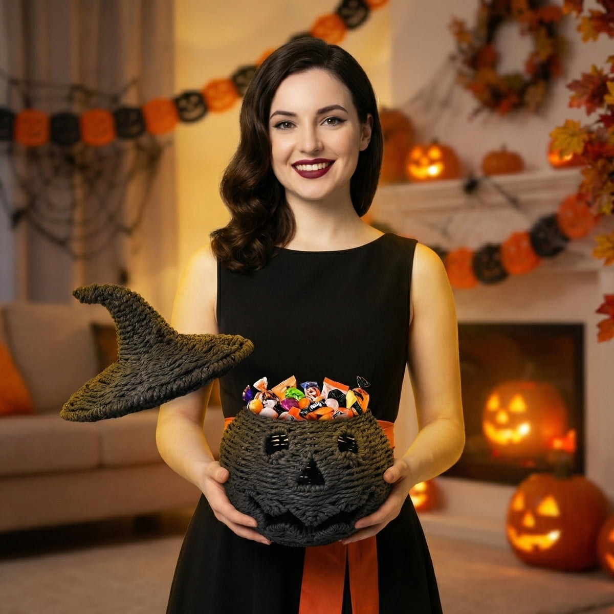 2026 Halloween Black Woven Seagrass Pumpkin Storage Basket with Lid, Fall Indoor Home Decorations for Halloween Party Home Halloween Decor, 10.2 inch