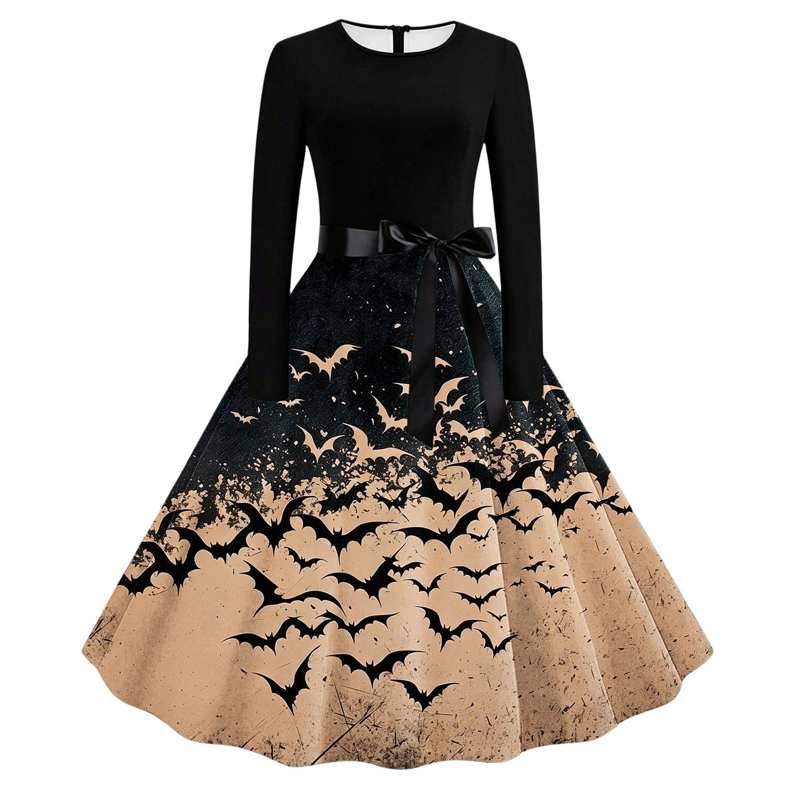 Women's Vintage Halloween Bat Print Swing Dress Long Sleeve 1950s Retro A-Line Midi Dresses with Satin Sash Belt for Gothic Cosplay Evening Prom Party