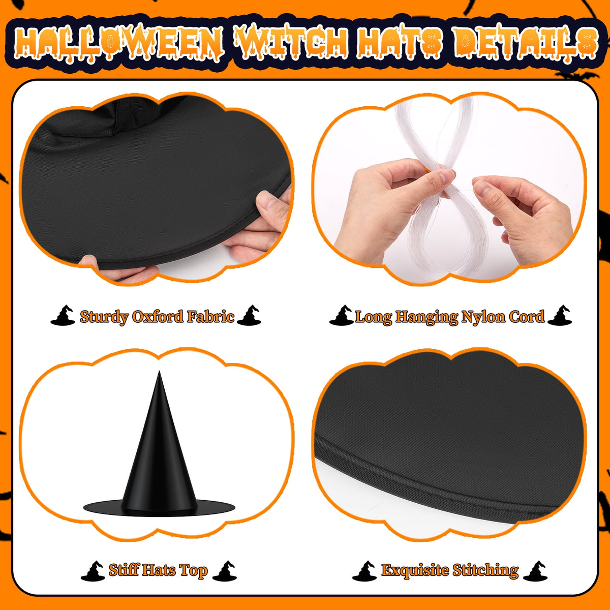 HiberyHom Halloween Witch Hats, 12 Pcs 15 inch Black Witch Hats with 328 ft Rope Hanging Halloween Decorations for Porch Yard Party